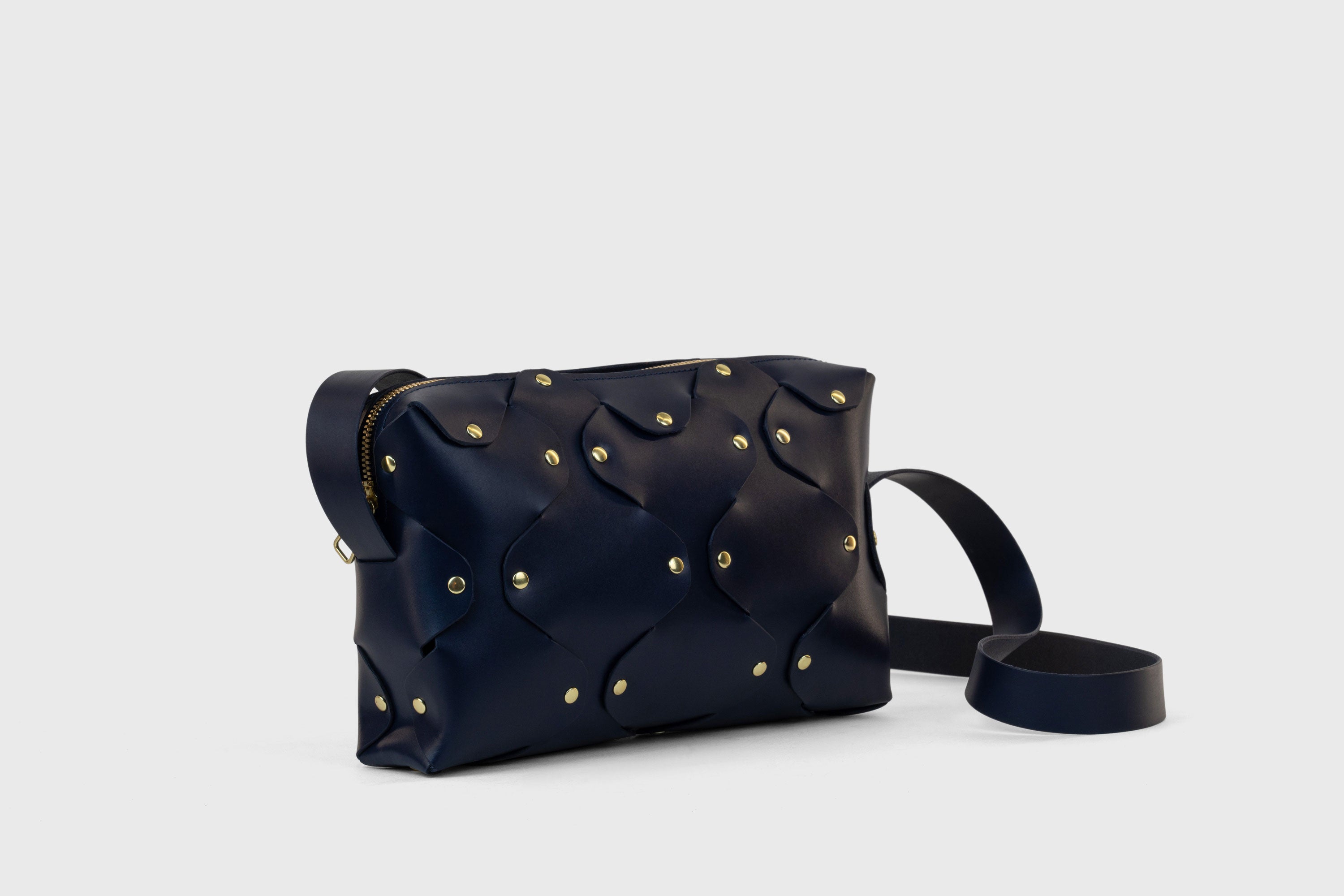 Marlin Leather Bag Dark Marine Blue Color Quality Brass Rivet Designer Minimal Square Zipper Pouch Crossbody Handbag Clutch Shoulder Atelier Madre Manuel Dreesmann Barcelona