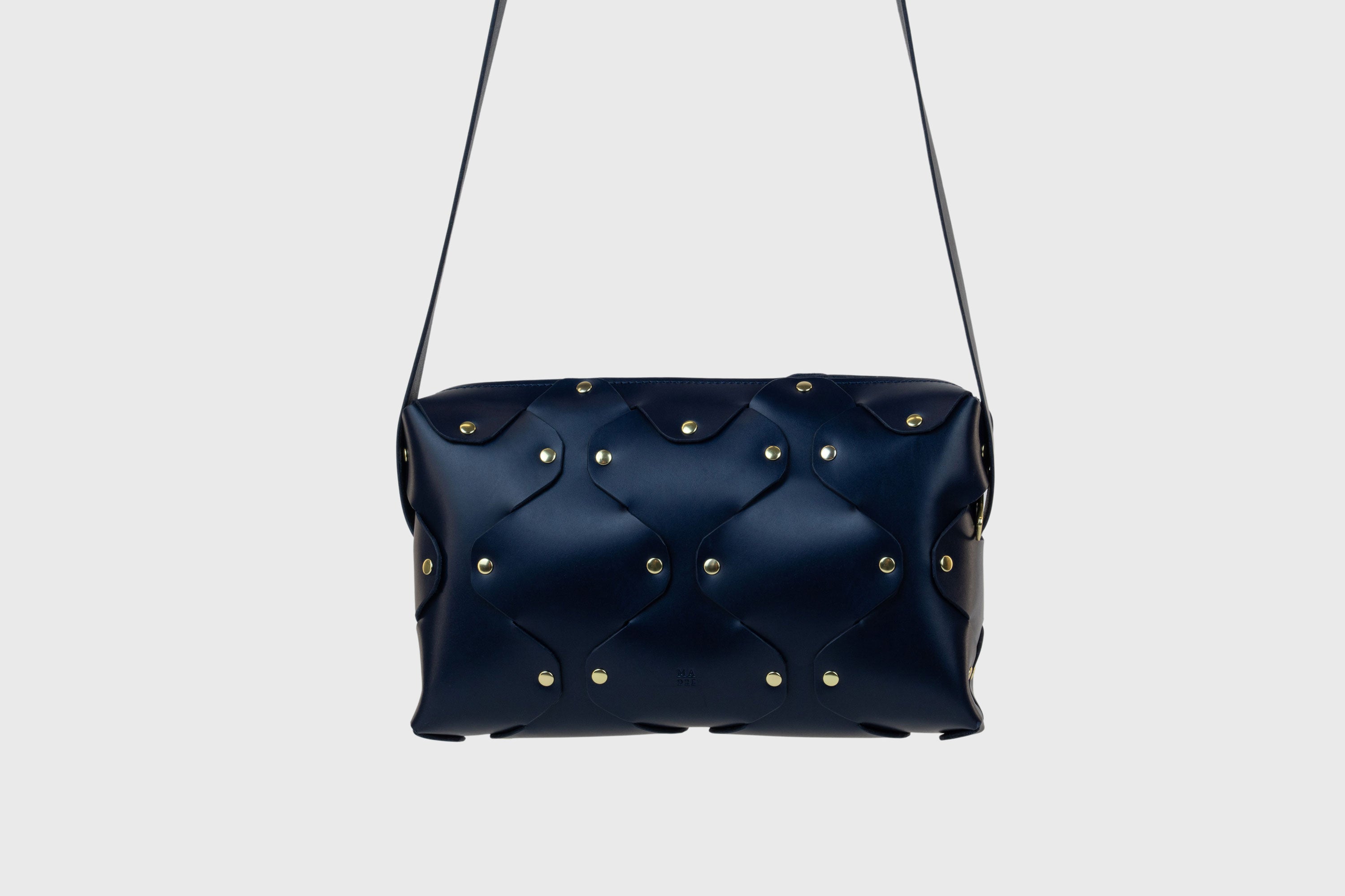 Marlin Leather Bag Dark Marine Blue Color Quality Brass Rivet Designer Minimal Square Zipper Pouch Crossbody Handbag Clutch Shoulder Atelier Madre Manuel Dreesmann Barcelona