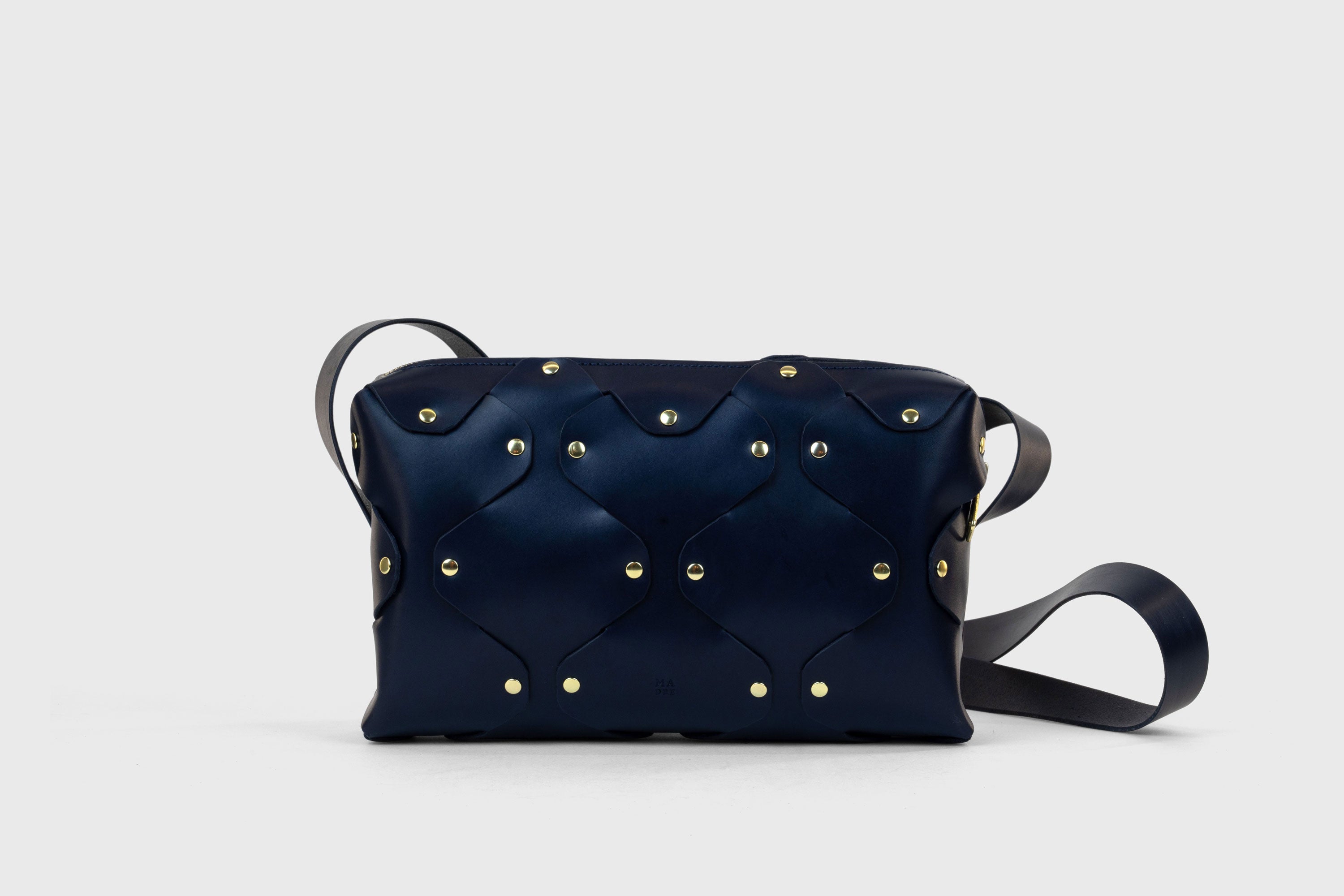 Marlin Leather Bag Dark Marine Blue Color Quality Brass Rivet Designer Minimal Square Zipper Pouch Crossbody Handbag Clutch Shoulder Atelier Madre Manuel Dreesmann Barcelona