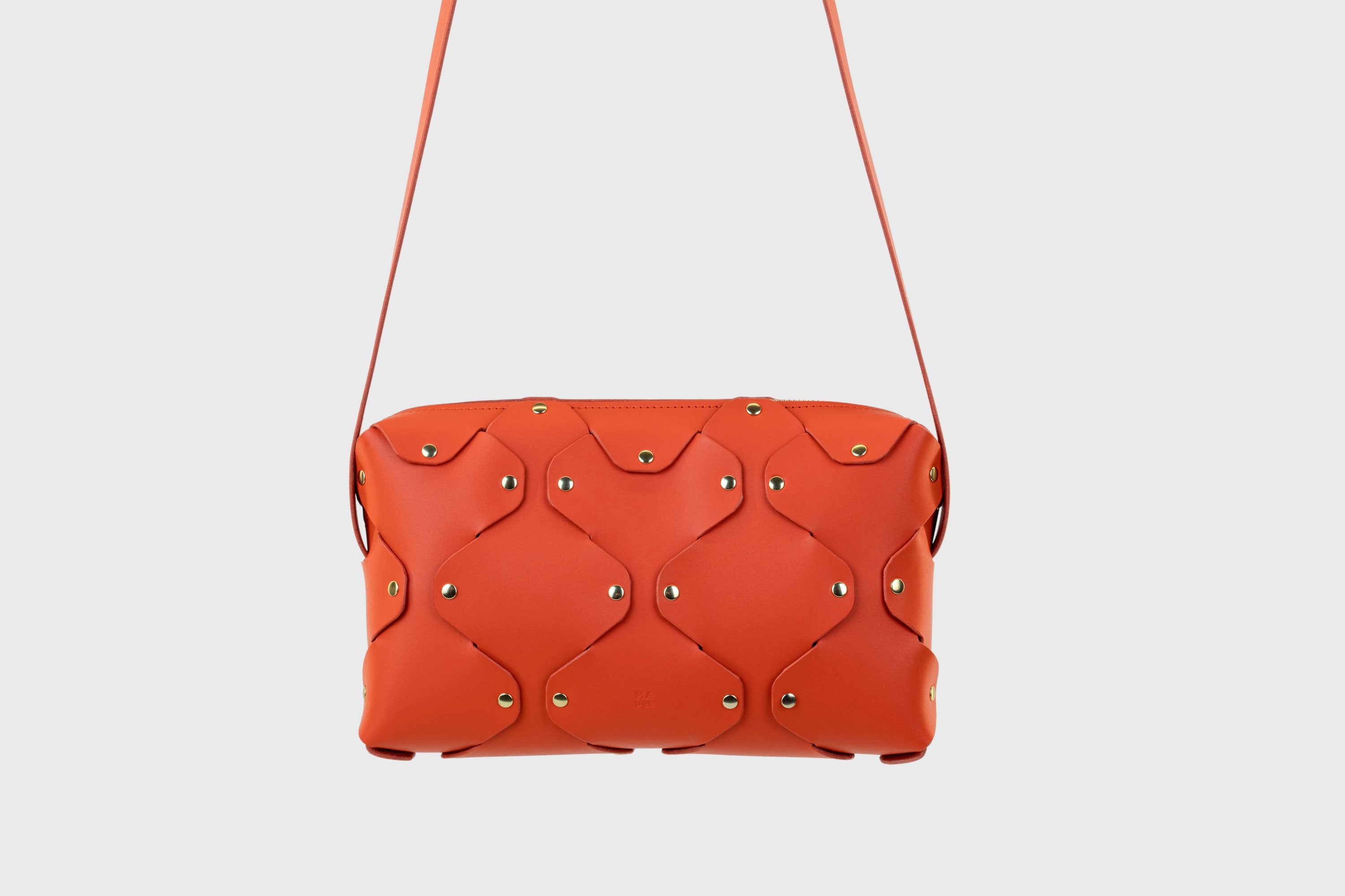 Marlin Leather Bag Dark Orange Color Quality Brass Rivet Designer Minimal Square Zipper Pouch Crossbody Handbag Clutch Shoulder Atelier Madre Manuel Dreesmann Barcelona