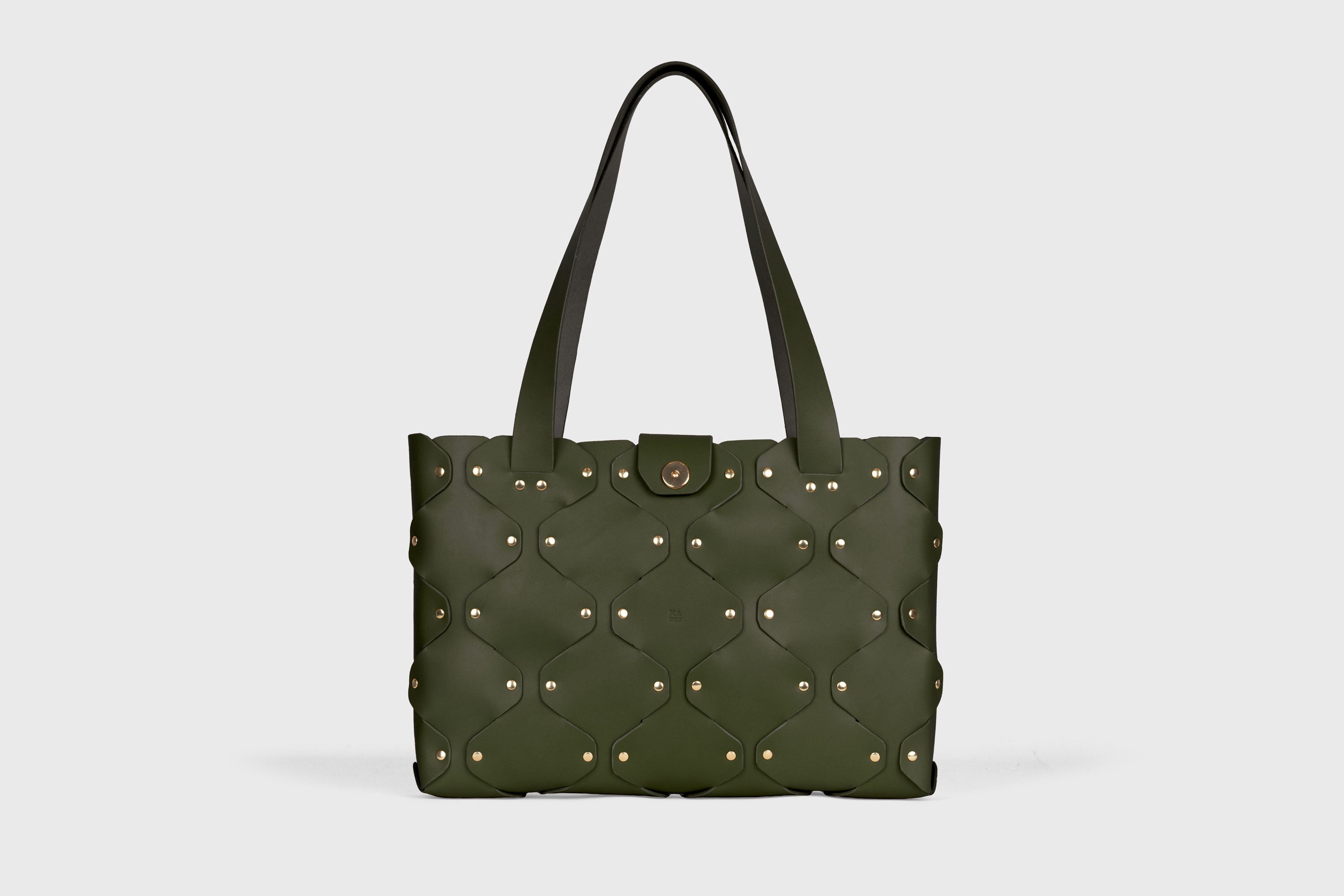 Marlin Tote Bag In Olive Green Color In Vegetable Tanned Leather With Rivets Atelier Madre Manuel Dreesmann Barcelona Spain
