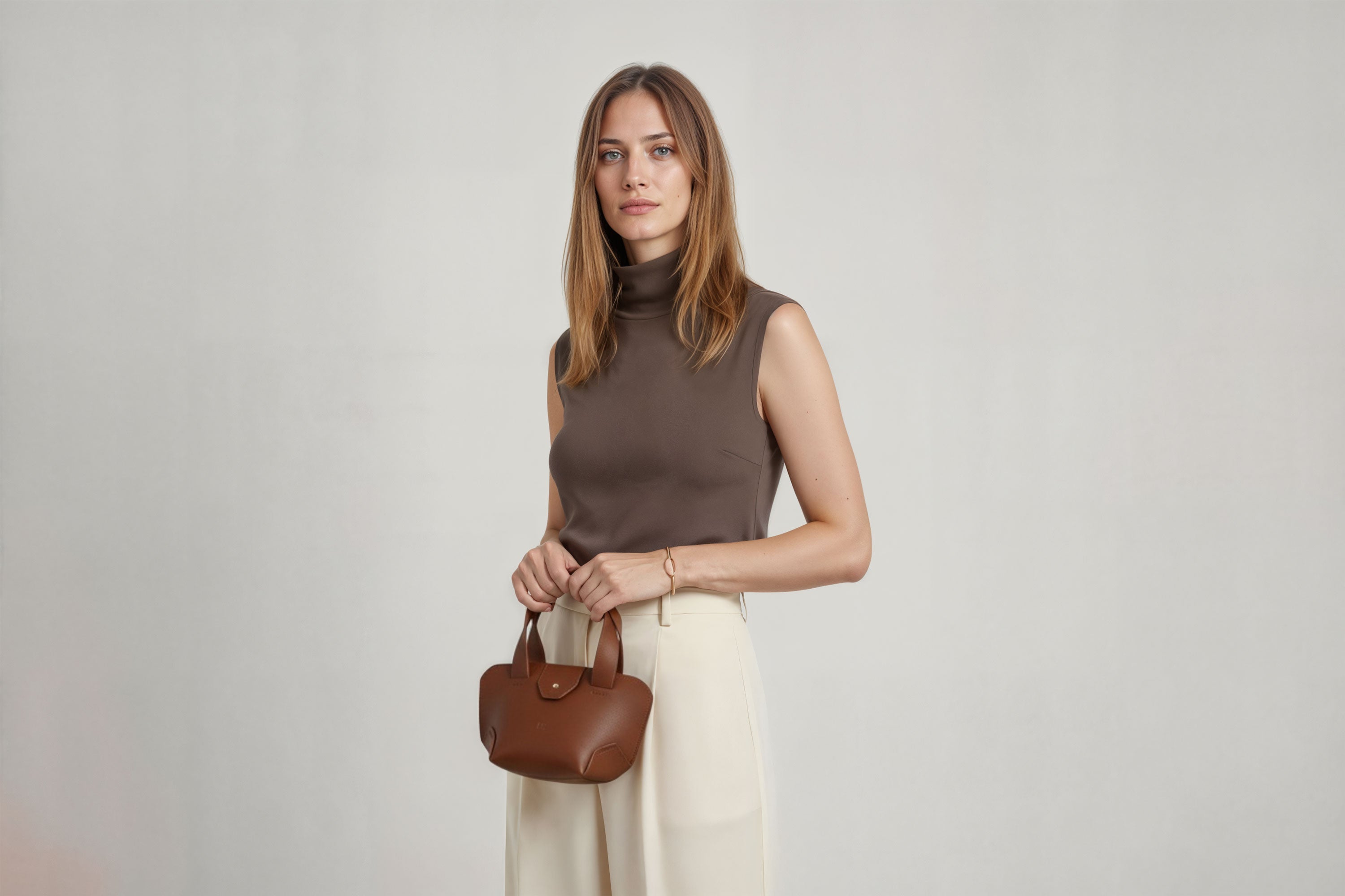 Mini Tote Bag Dark Brown Color Leather On A Woman Model Handbag Small Modern Minimalist Design Premium Quality Atelier Madre Manuel Dreesmann Barcelona Spain