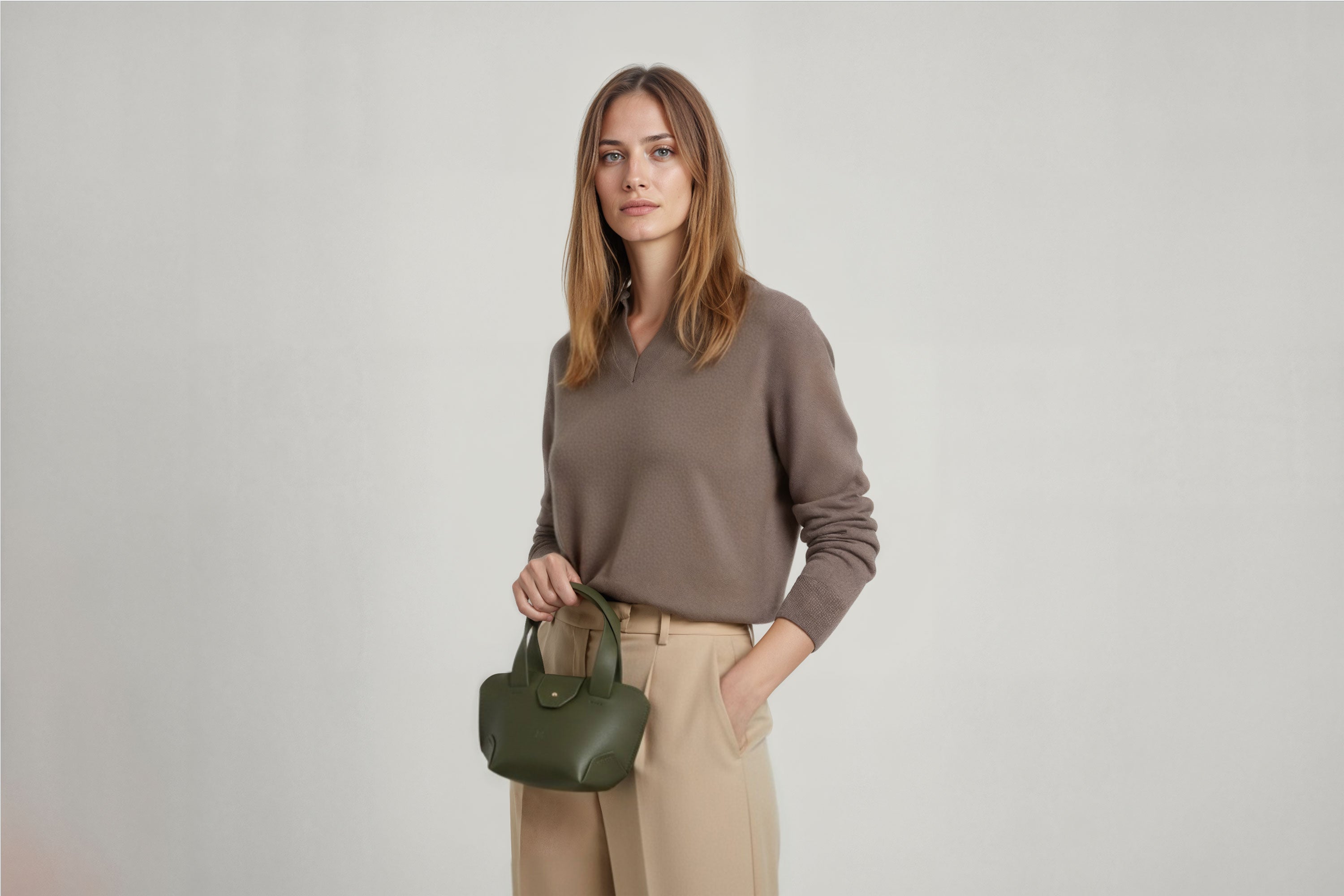 Mini Tote Bag Olive Green Leather On A Woman Model Handbag Small Modern Minimalist Design Premium Quality Atelier Madre Manuel Dreesmann Barcelona Spain