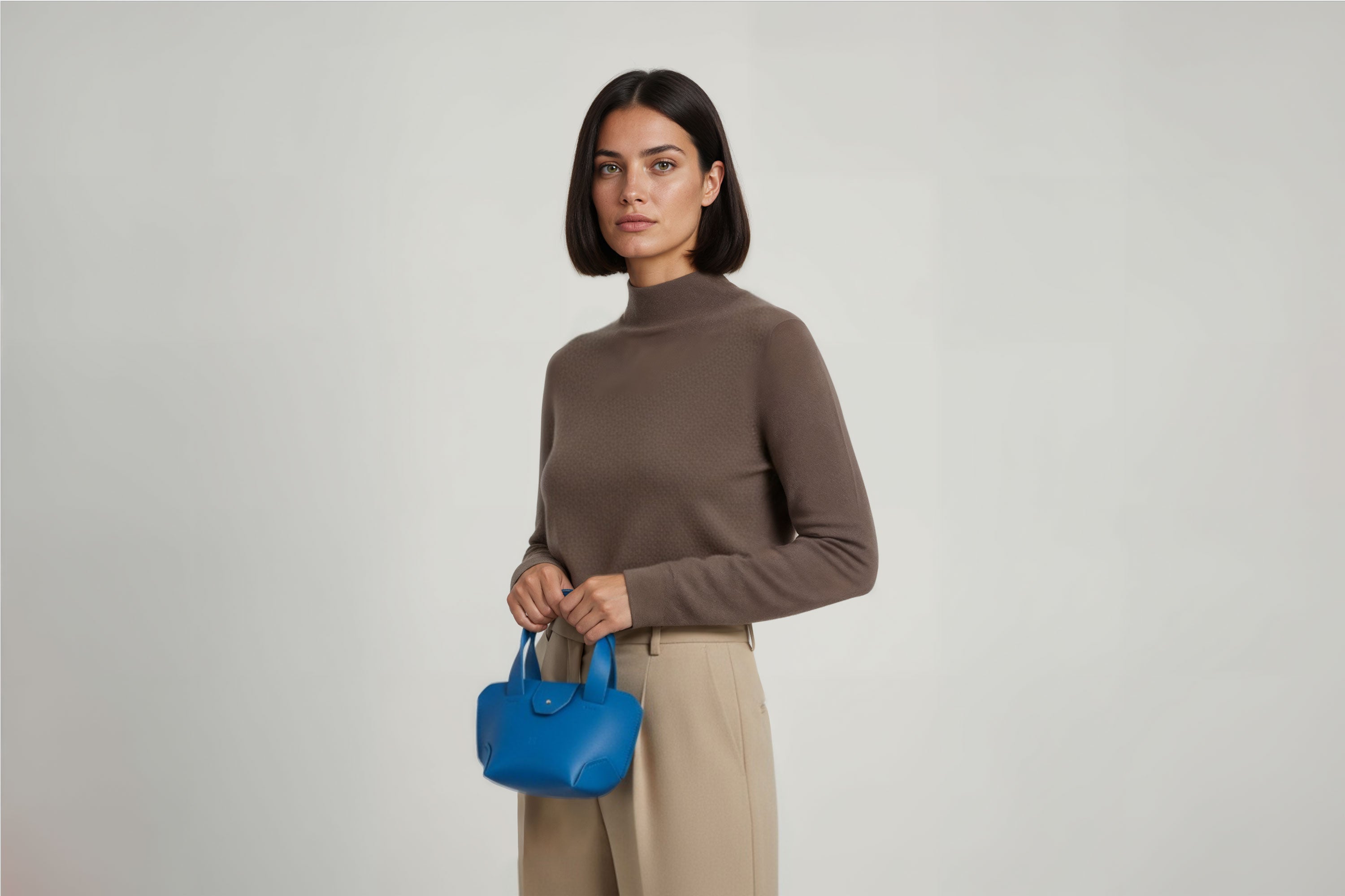 Mini Tote Bag Royal Blue Leather On A Woman Model Handbag Small Modern Minimalist Design Premium Quality Atelier Madre Manuel Dreesmann Barcelona Spain