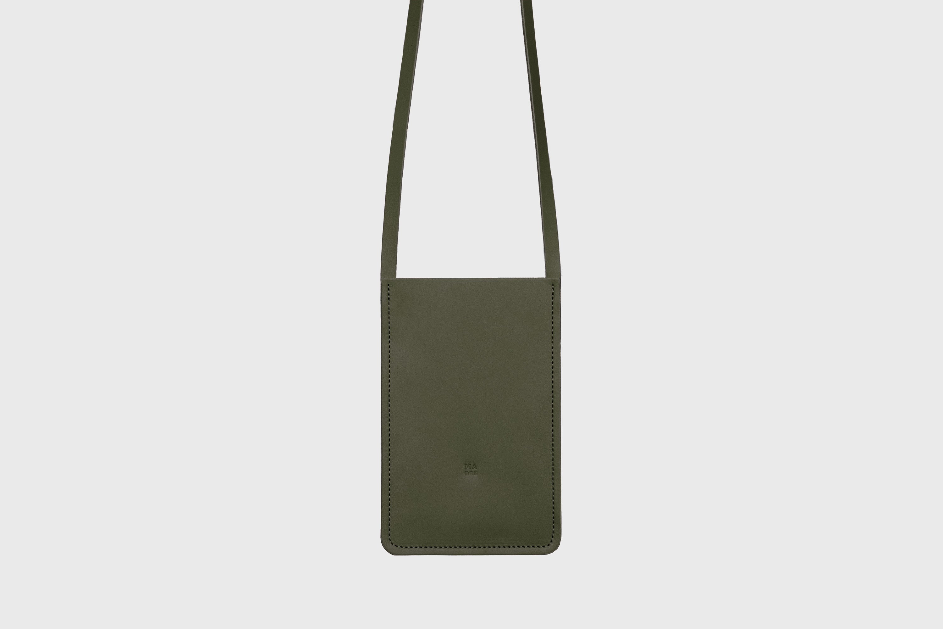 Neck Pouch Leather In Olive Green Color Vegetable Tanned Leather Minimalistic Design Atelier Madre Manuel Dreesmann Barcelona Spain