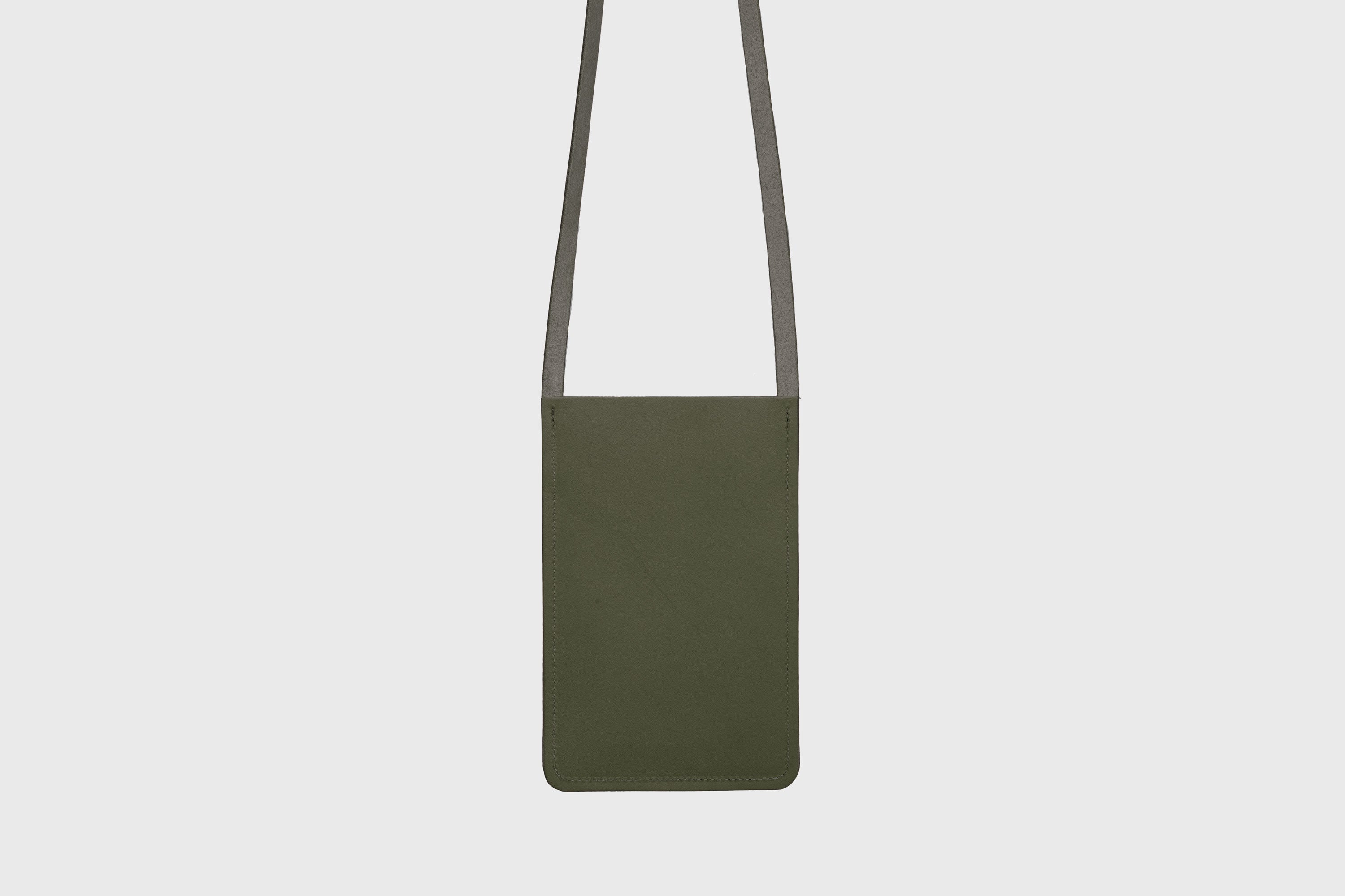 Neck Pouch Leather In Olive Green Color Vegetable Tanned Leather Minimalistic Design Atelier Madre Manuel Dreesmann Barcelona Spain