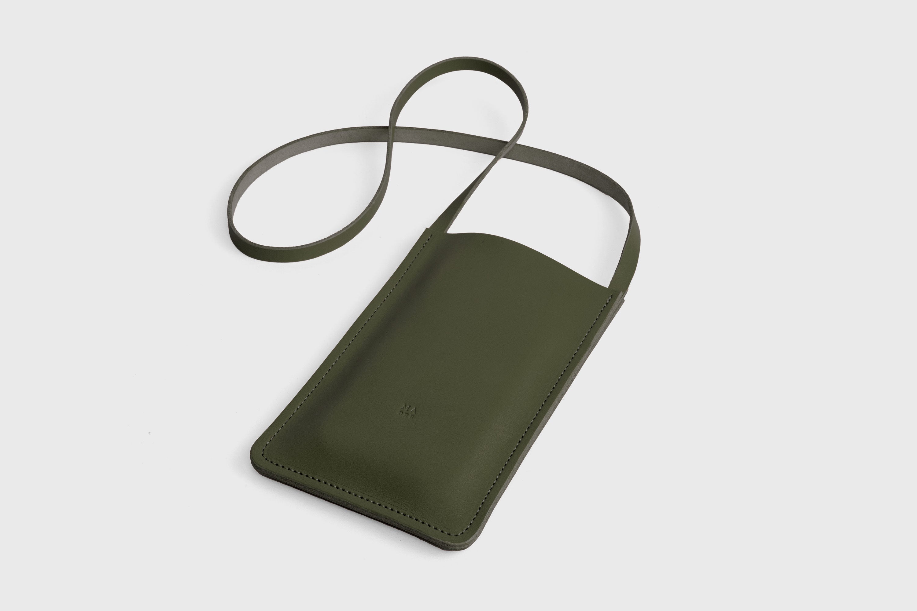 Neck Pouch Leather In Olive Green Color Vegetable Tanned Leather Minimalistic Design Atelier Madre Manuel Dreesmann Barcelona Spain