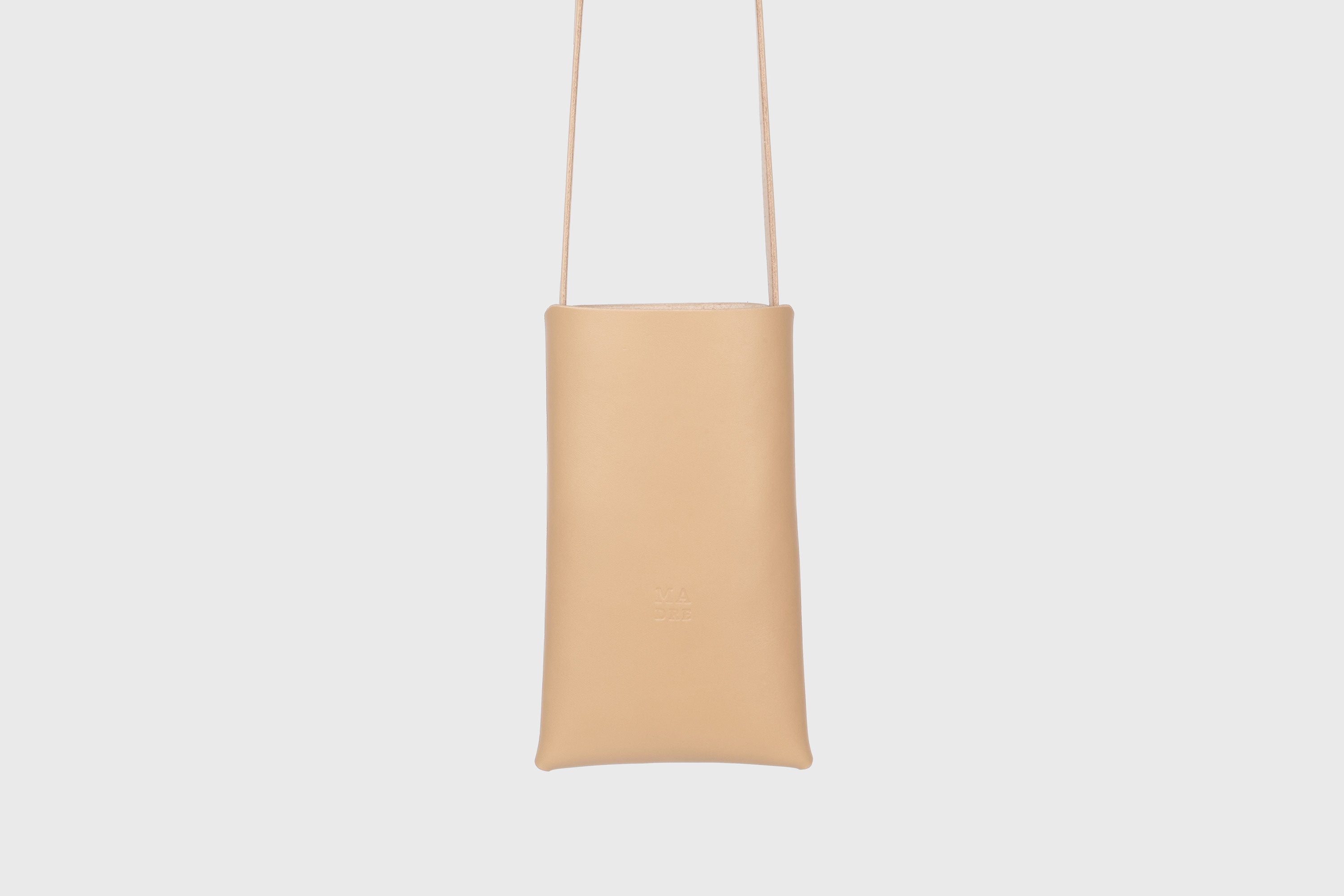 Neck Pouch Wide In Natural Leather In Vegetable Tanned Leather Minimalistic Design With Rivets Atelier Madre Manuel Dreesmann Barcelona Spain