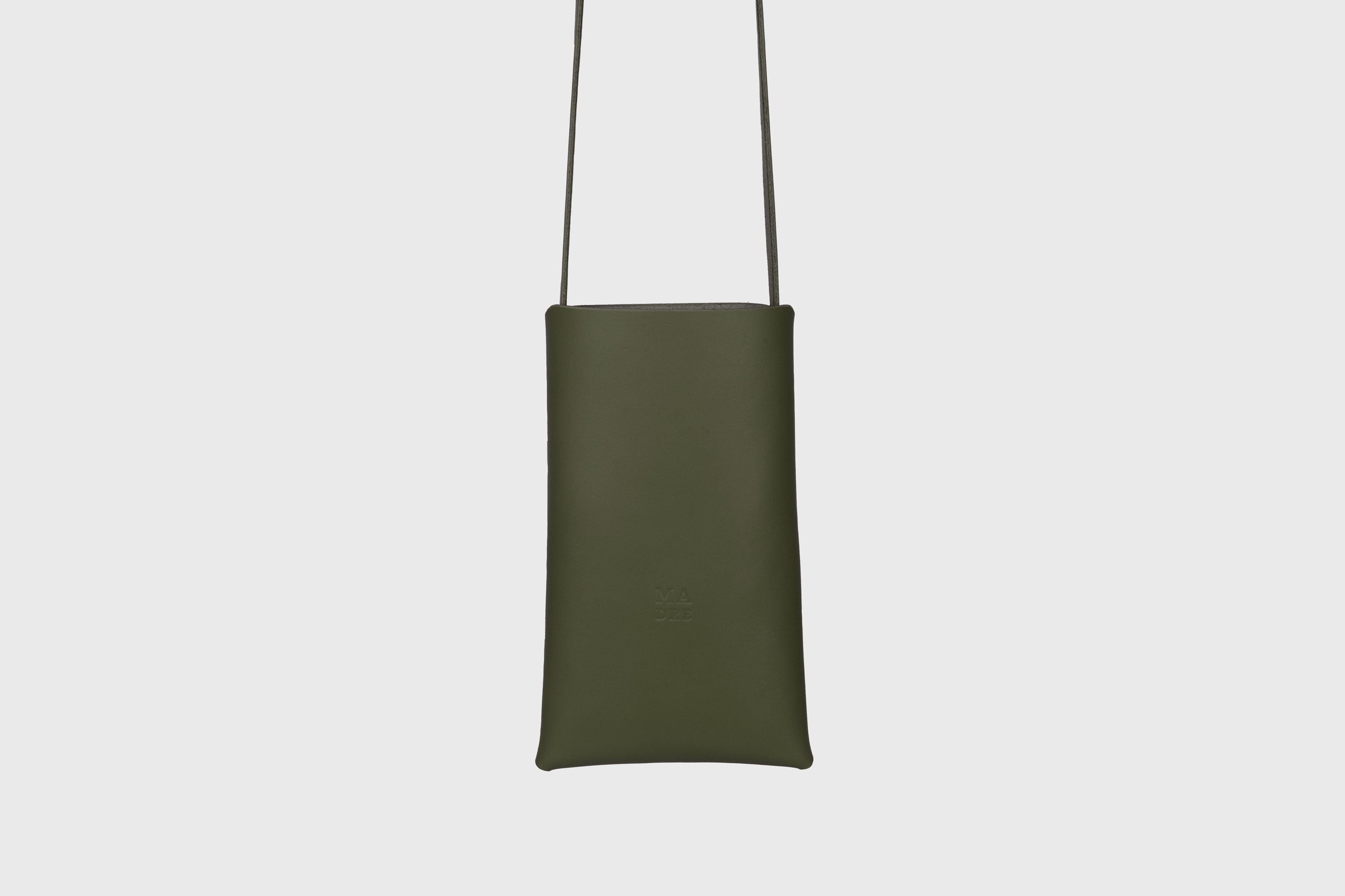Neck Pouch Wide In Olive Green Leather In Vegetable Tanned Leather Minimalistic Design With Rivets Atelier Madre Manuel Dreesmann Barcelona Spain