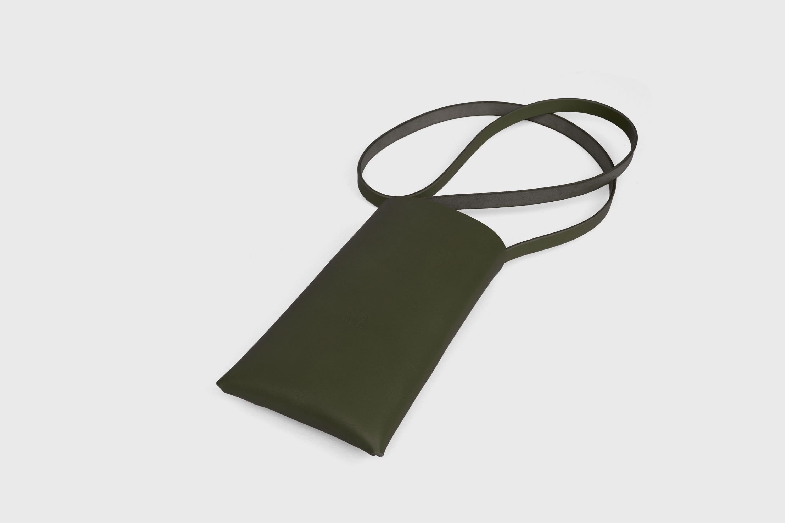 Neck Pouch Wide In Olive Green Leather In Vegetable Tanned Leather Minimalistic Design With Rivets Atelier Madre Manuel Dreesmann Barcelona Spain