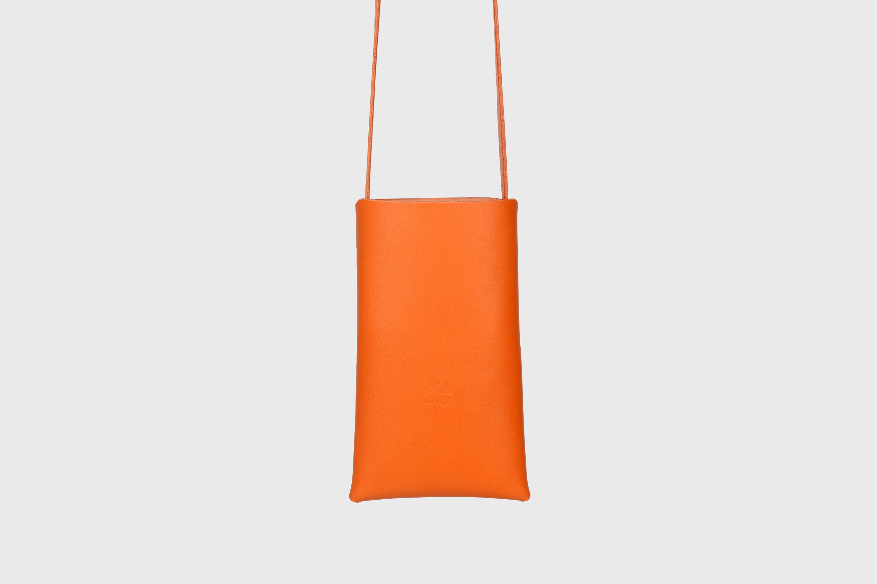 Neck Pouch Wide In Orange Leather In Vegetable Tanned Leather Minimalistic Design With Rivets Atelier Madre Manuel Dreesmann Barcelona Spain