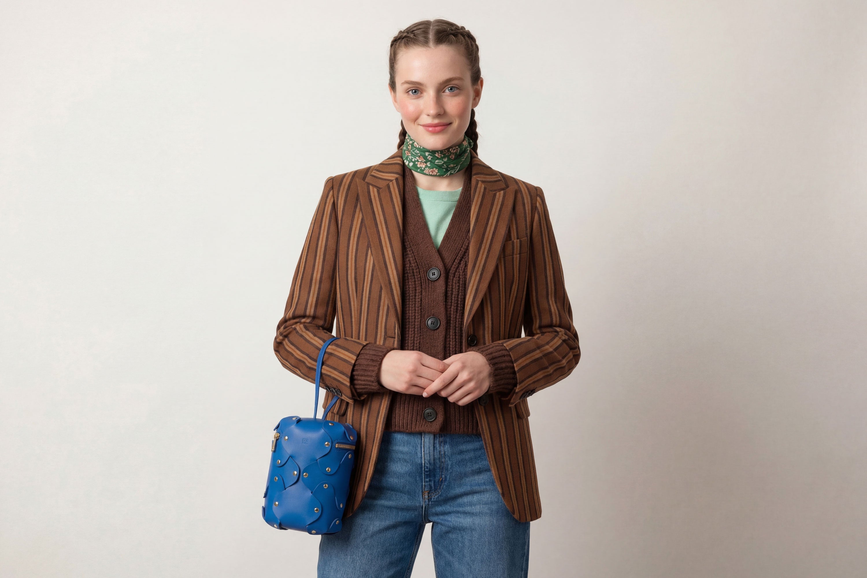 Nema Leather Bag Royal Blue Color On A Woman Model Vegetable Tanned Full Grain Spain Brass Rivets Premium Design Minimalist Modern Cylinder Circle Round Zipper Pouch Handbag  Atelier Madre Manuel Dreesmann Barcelona