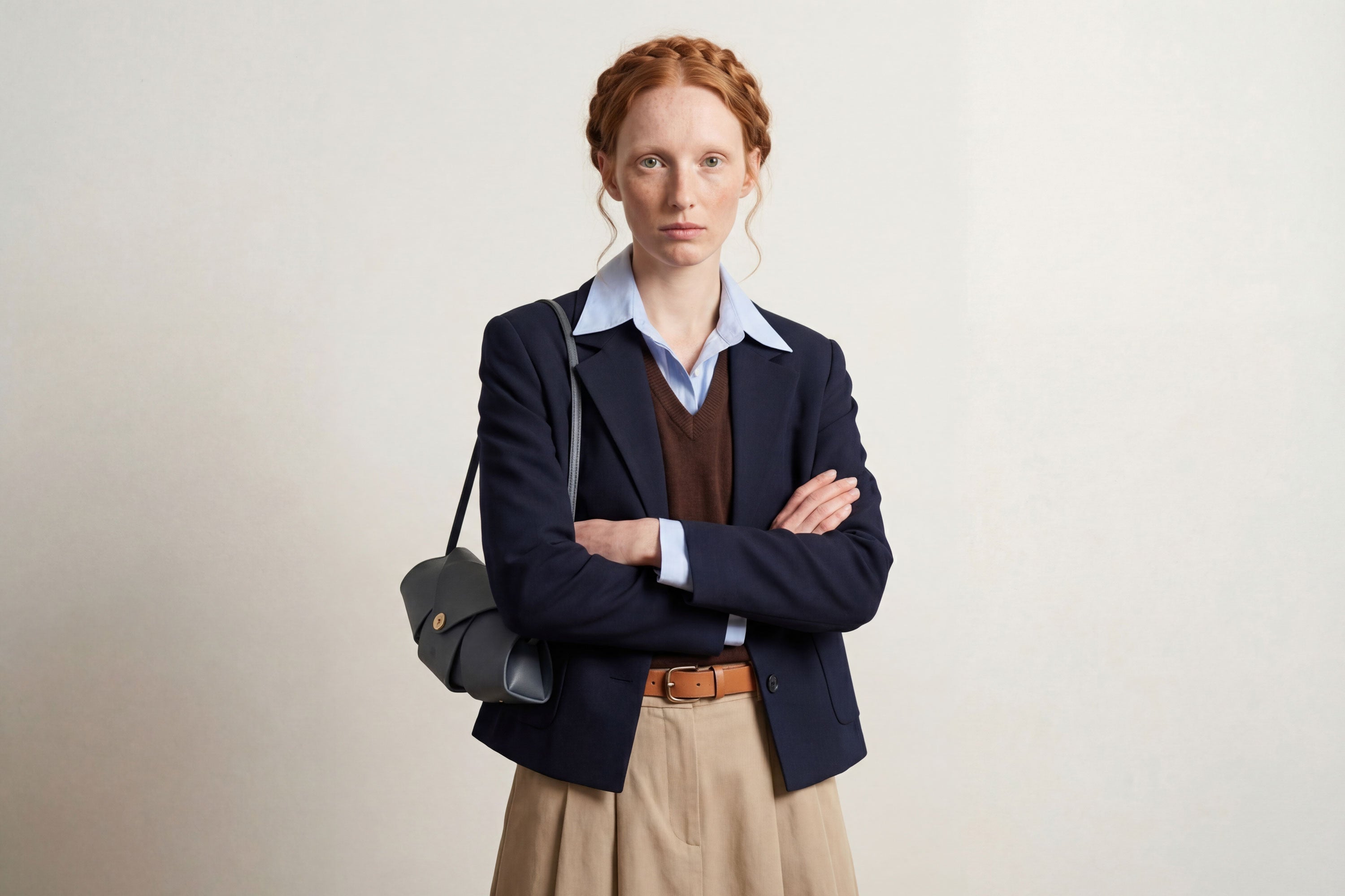 Panino Bag Marine Blue Leather On A Model Magnetic Closure Full Grain Vegetable Tanned Leather High Quality Modern Minimalistic Design Atelier Madre Manuel Dreesmann Barcelona Spain