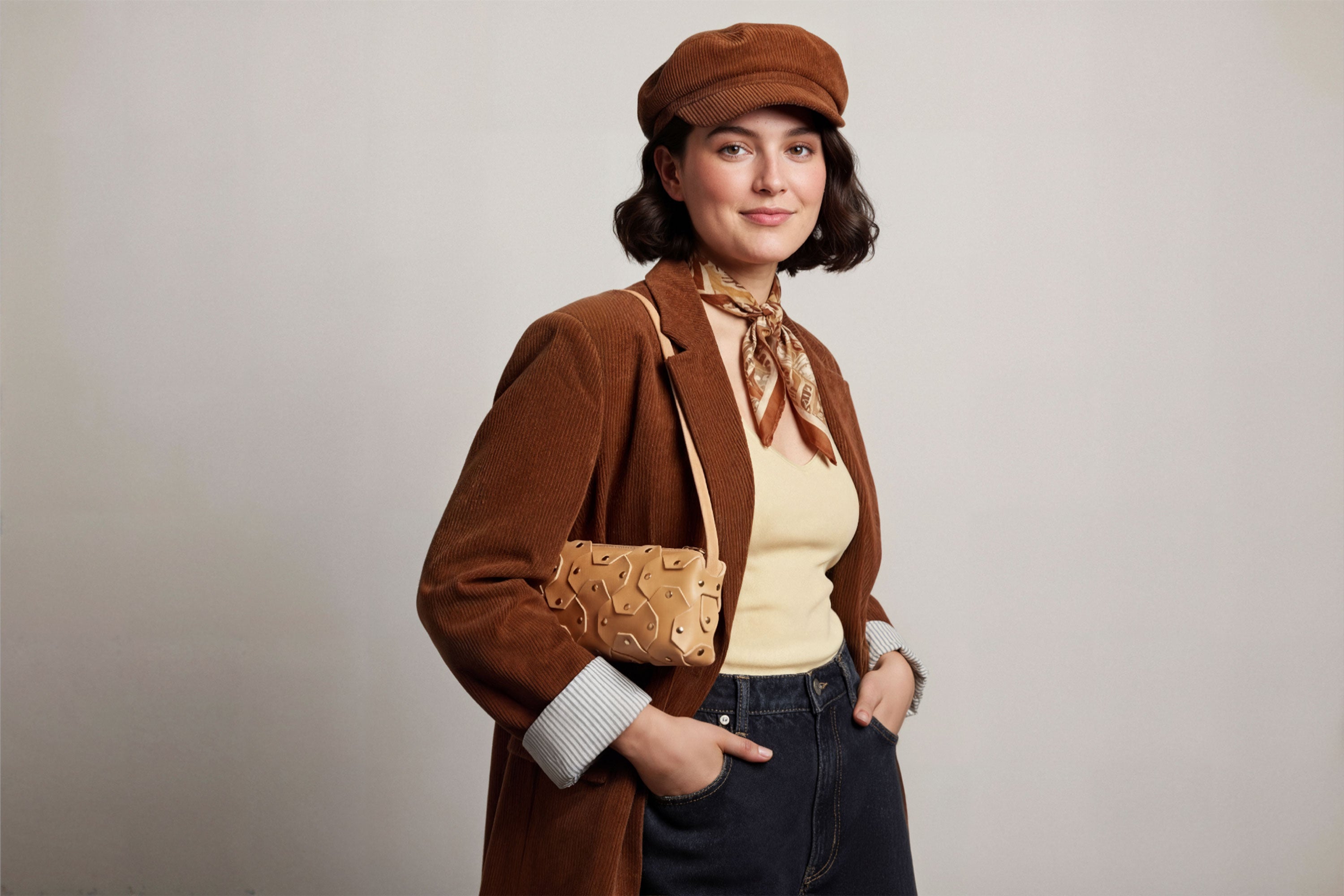 The Rivet Bag Leather Brown Color On A Woman Model Vegetable Tanned Full Grain Leather Premium Quality Handbag Crossbody Shoulder Clutch Minimalistic Modern Design Atelier Madre Manuel Dreesmann Barcelona Spain