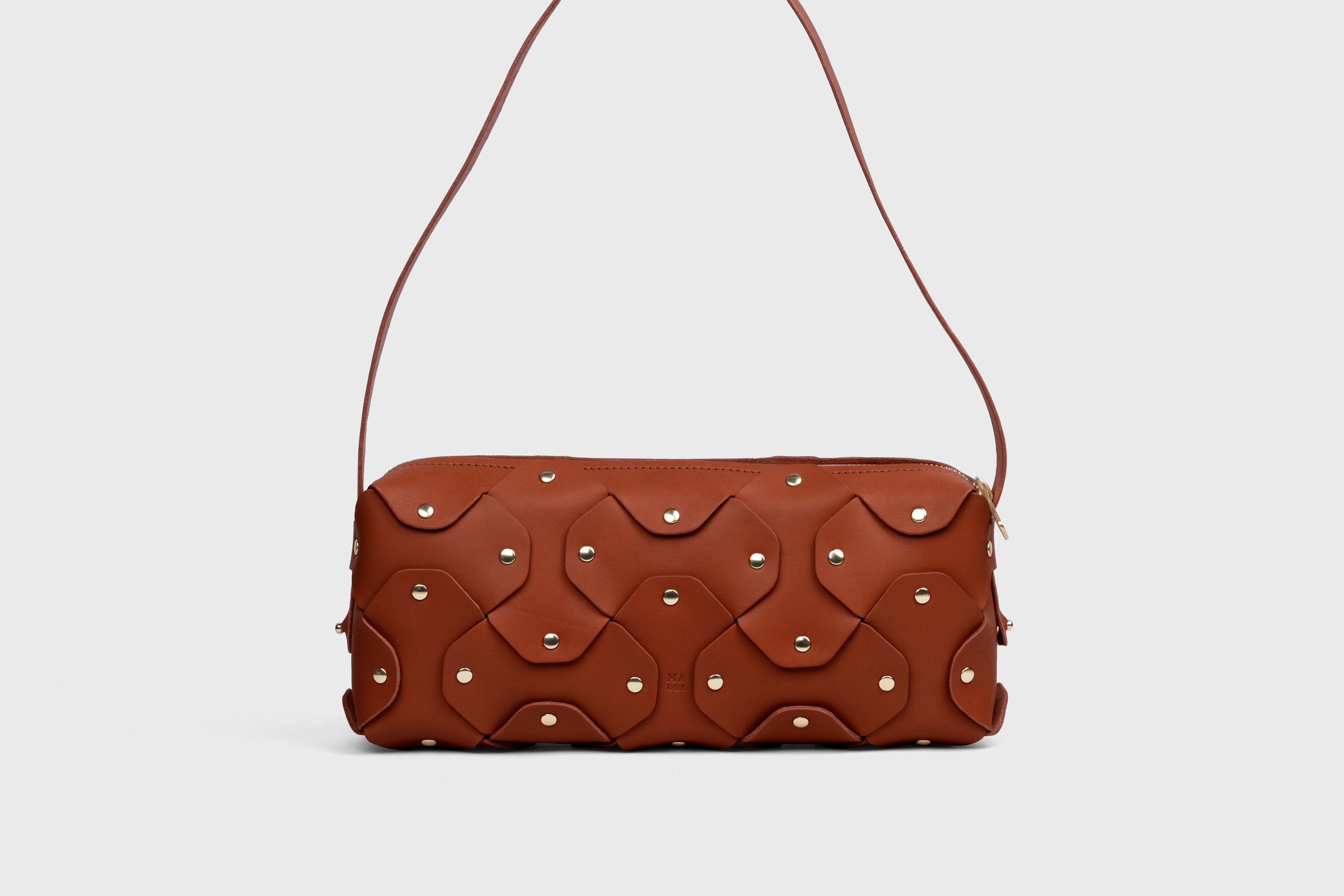 Rivet Bag 01 In Dark Brown Color In Vegetable Tanned Leather With Brass Rivets Unique Design Atelier Madre Manuel Dreesmann Barcelona Spain