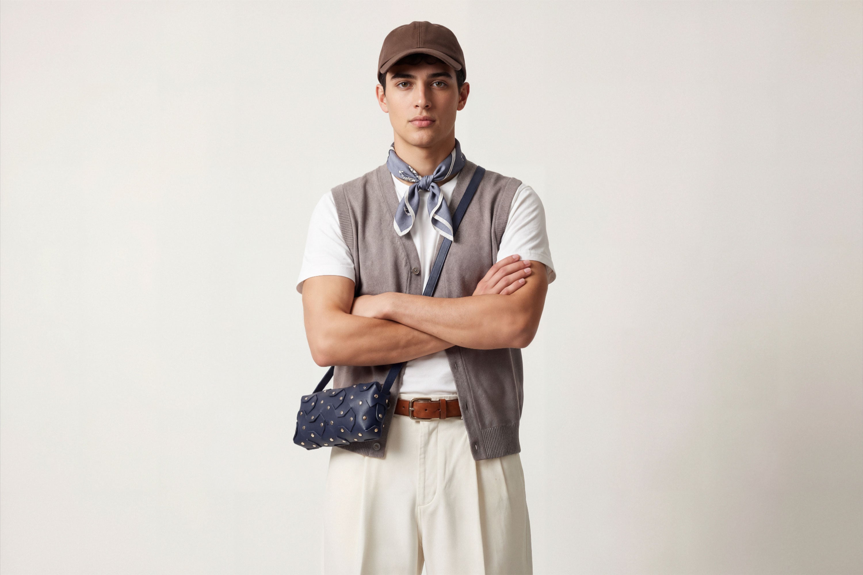 The Rivet Bag Leather Marine Blue Color On A Man Model Vegetable Tanned Full Grain Leather Premium Quality Handbag Crossbody Shoulder Clutch Minimalistic Modern Design Atelier Madre Manuel Dreesmann Barcelona Spain