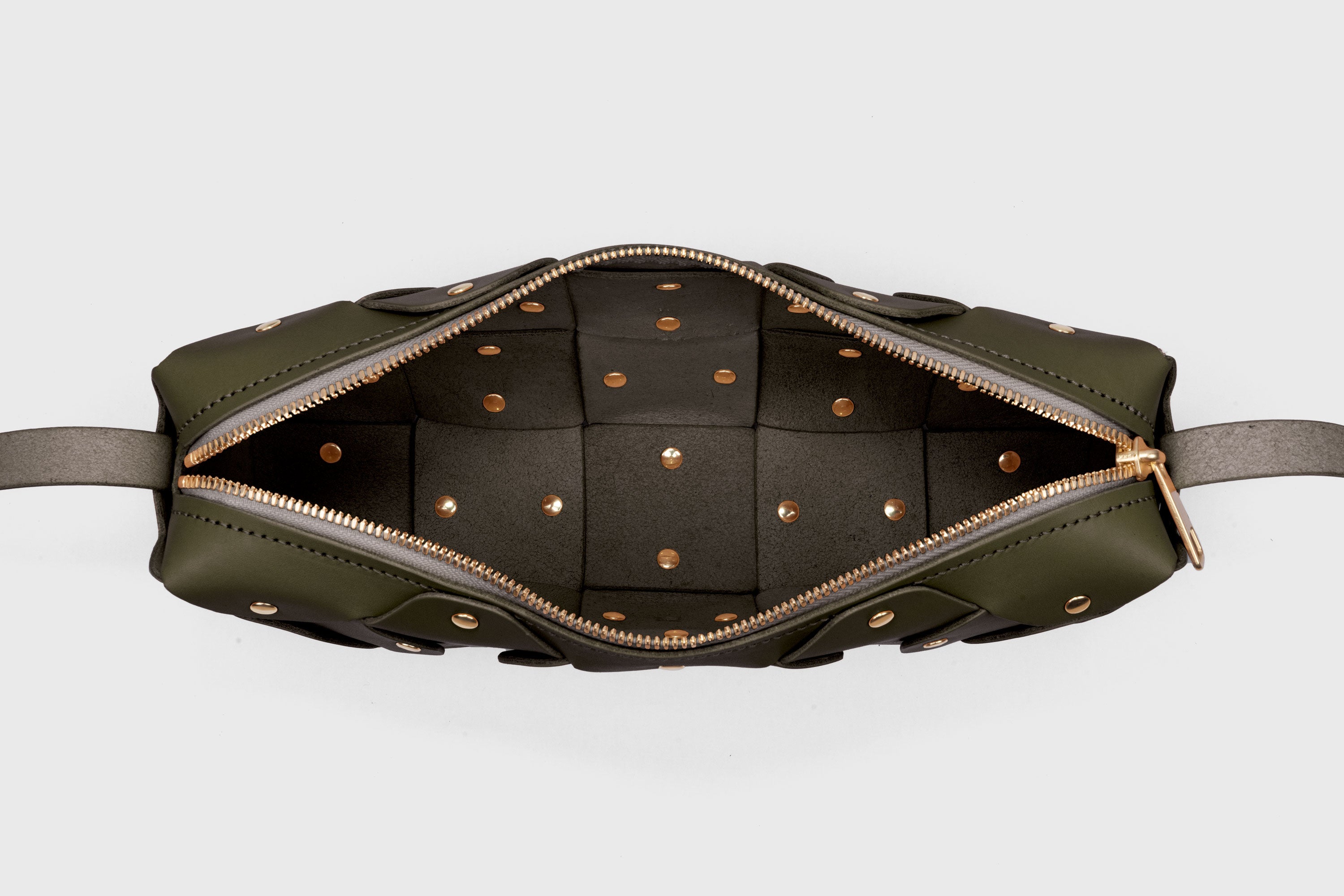 Rivet Bag 01 In Olive Green Color In Vegetable Tanned Leather With Brass Rivets Unique Design Atelier Madre Manuel Dreesmann Barcelona Spain