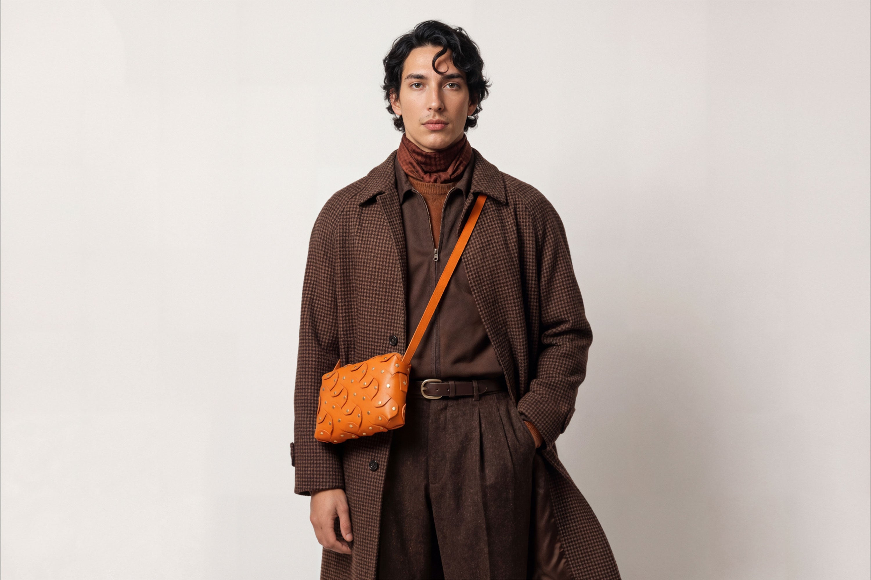 The Rivet Bag Big Leather Orange Color On A Model Vegetable Tanned Full Grain Leather Premium Quality Handbag Crossbody Shoulder Clutch Minimalistic Modern Design Atelier Madre Manuel Dreesmann Barcelona Spain
