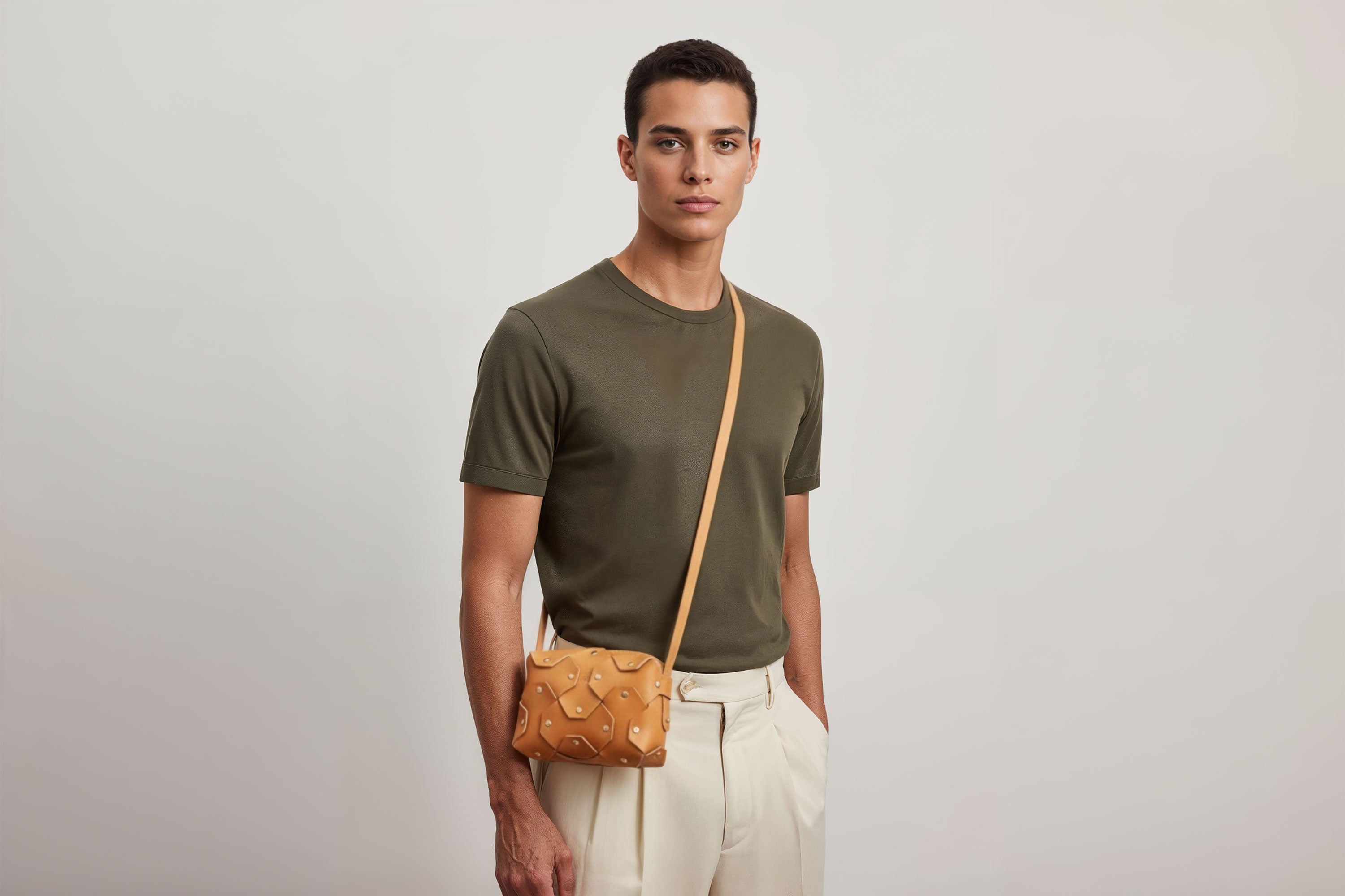 Rivet Bag Small Leather Brown Color Clutch On Model Crossbody Shoulder Detachable Full Brass Vegetable Tanned Full Grain Leather High Quality Modern Minimalistic Design Atelier Madre Manuel Dreesmann Barcelona Spain