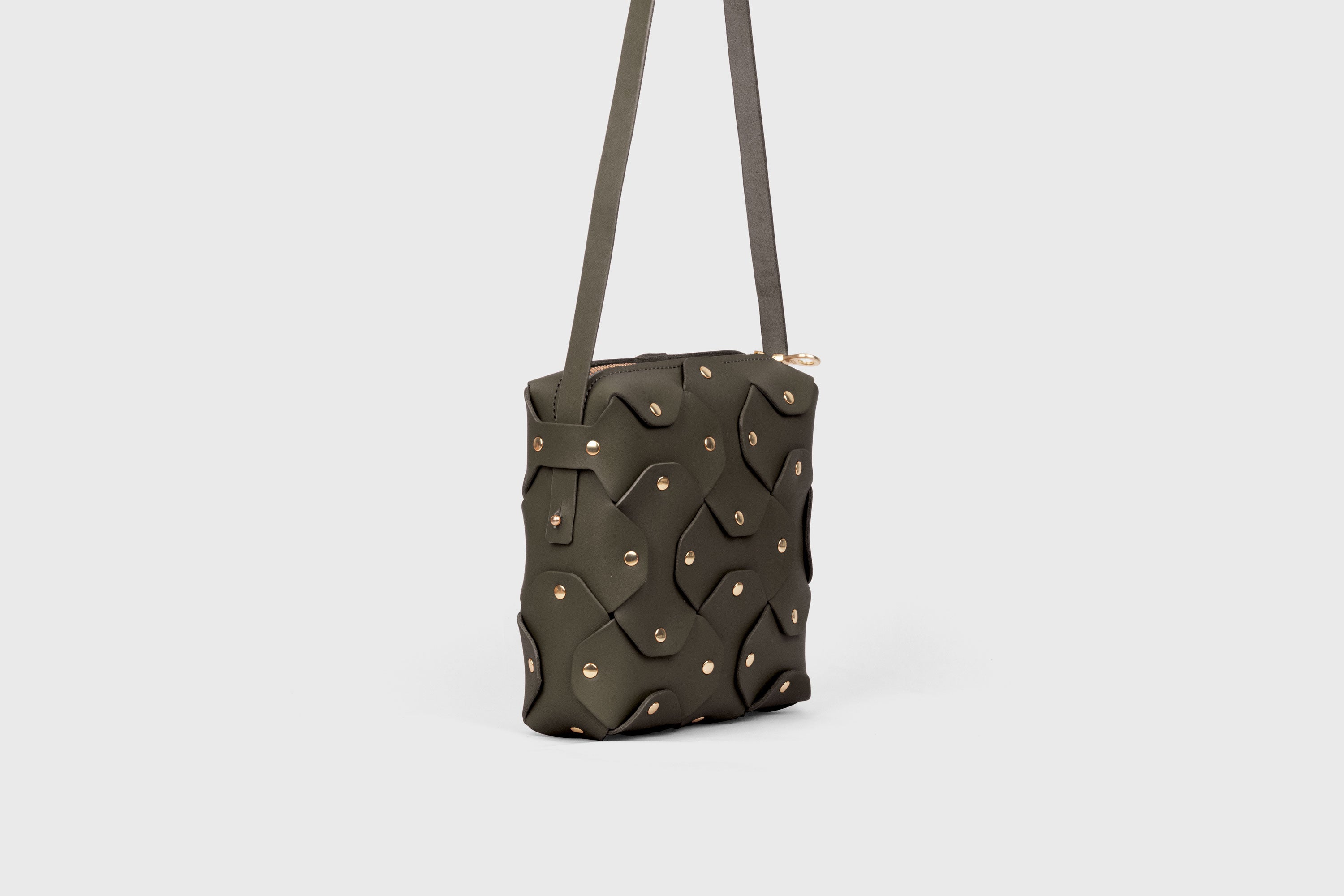 Rivet Bag Squared, Olive Green Colour Leather Bag, Minimalist Modern Design Premium Quality from Atelier Madre Manuel Dreesmann, Barcelona