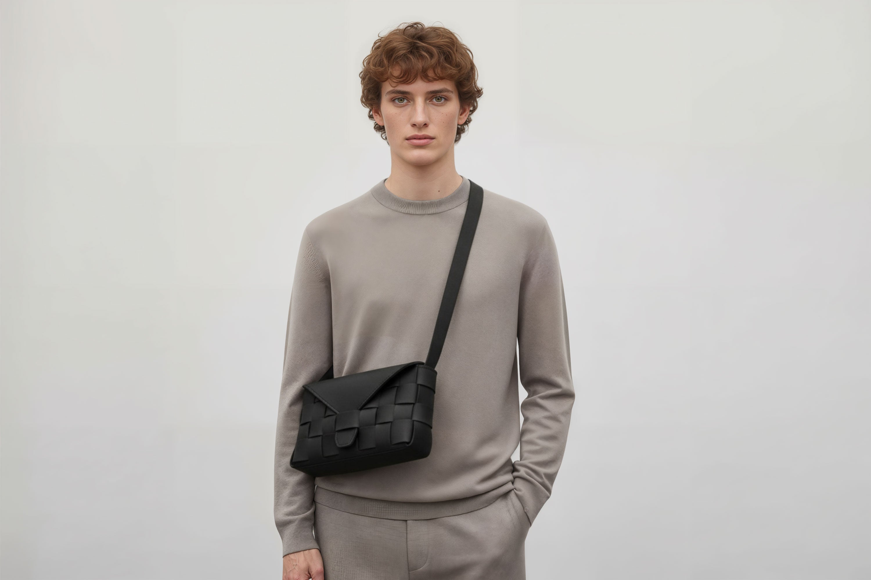 Leather Bag Black Color Big Saka On A Man Model Braided  Vegetable Tanned Leather Modern Minimalist Design Premium Quality Atelier Madre Manuel Dreesmann Barcelona Spain
