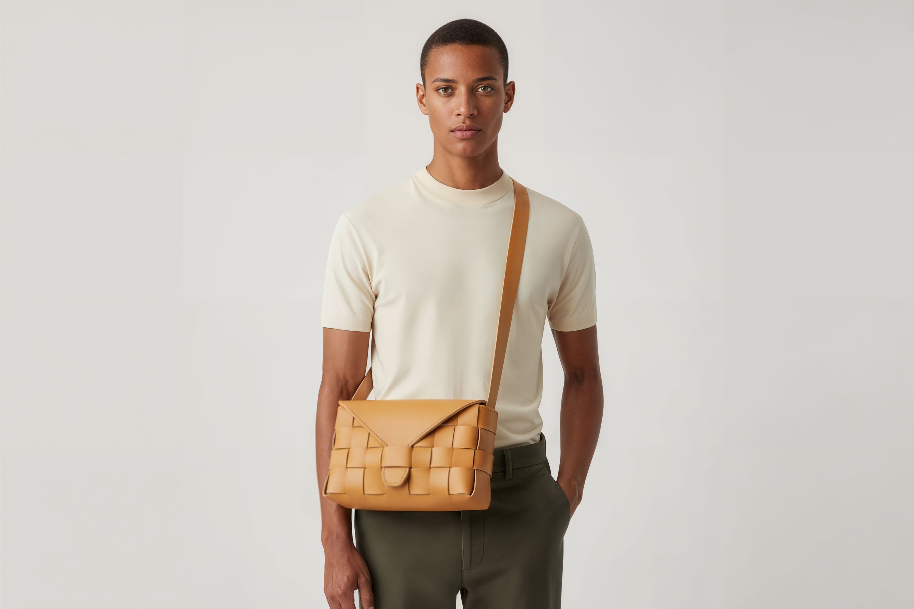 Leather Bag Brown Color Big Saka On A Man Model Braided  Vegetable Tanned Leather Modern Minimalist Design Premium Quality Atelier Madre Manuel Dreesmann Barcelona Spain