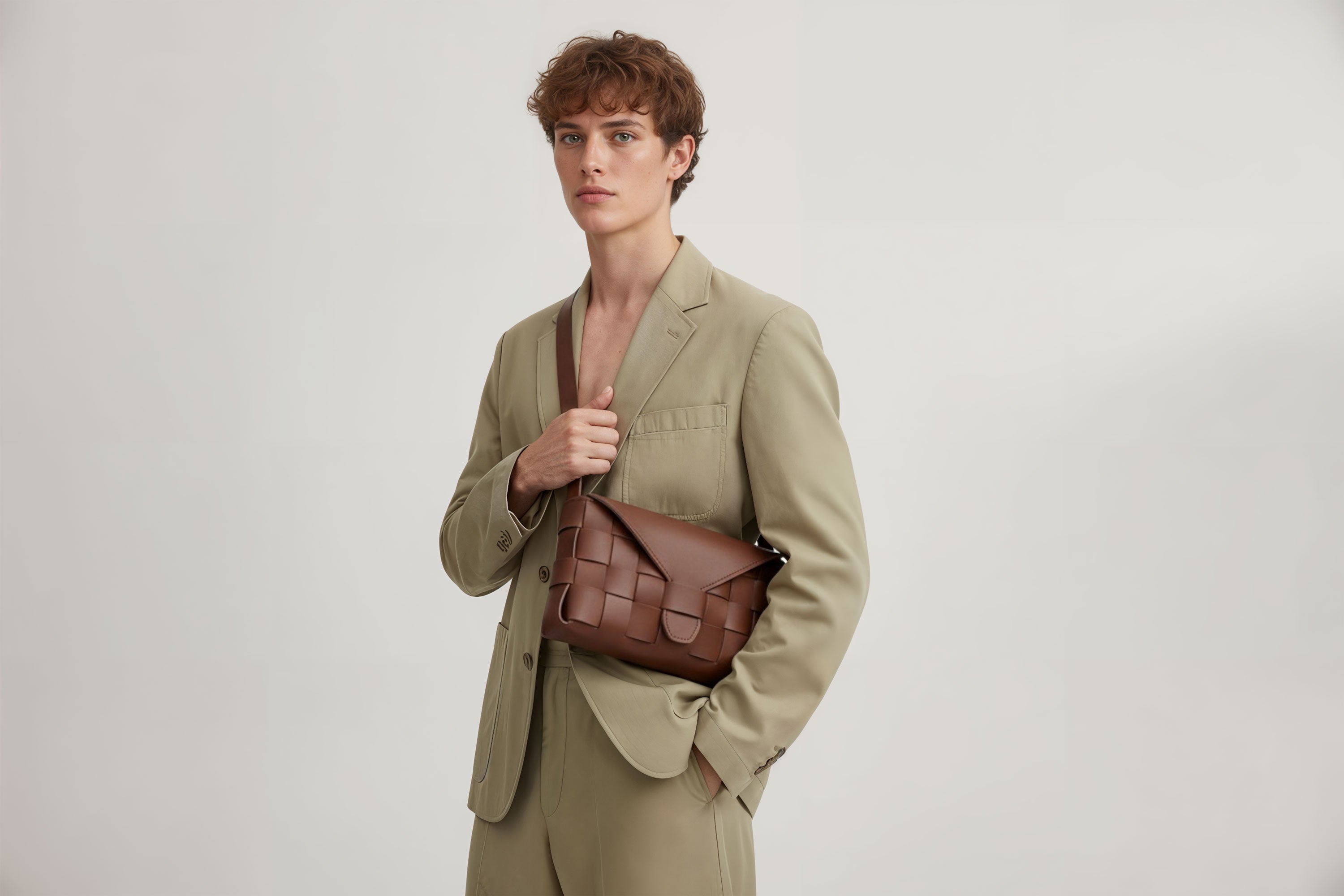 Leather Bag Dark Brown Color Big Saka On A Man Model Braided  Vegetable Tanned Leather Modern Minimalist Design Premium Quality Atelier Madre Manuel Dreesmann Barcelona Spain