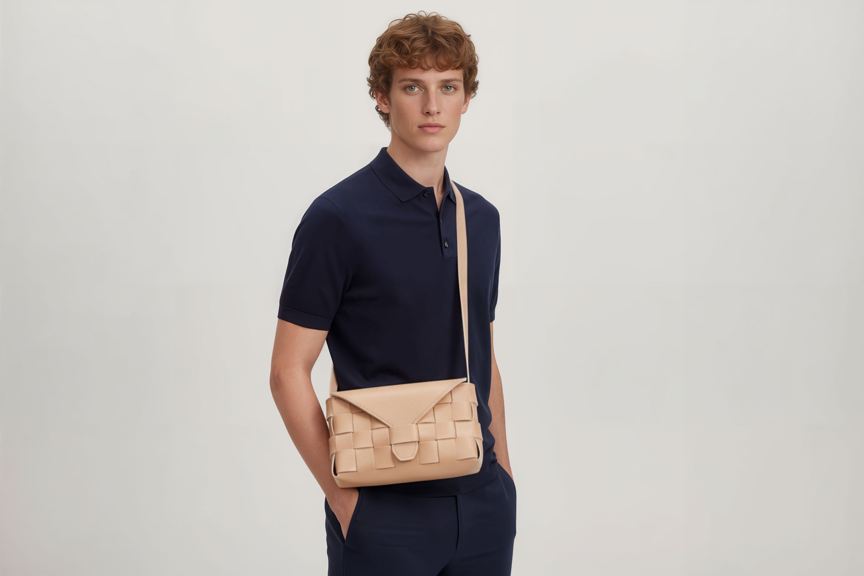 Leather Bag Natural Color Big Saka On A Man Model Braided  Vegetable Tanned Leather Modern Minimalist Design Premium Quality Atelier Madre Manuel Dreesmann Barcelona Spain