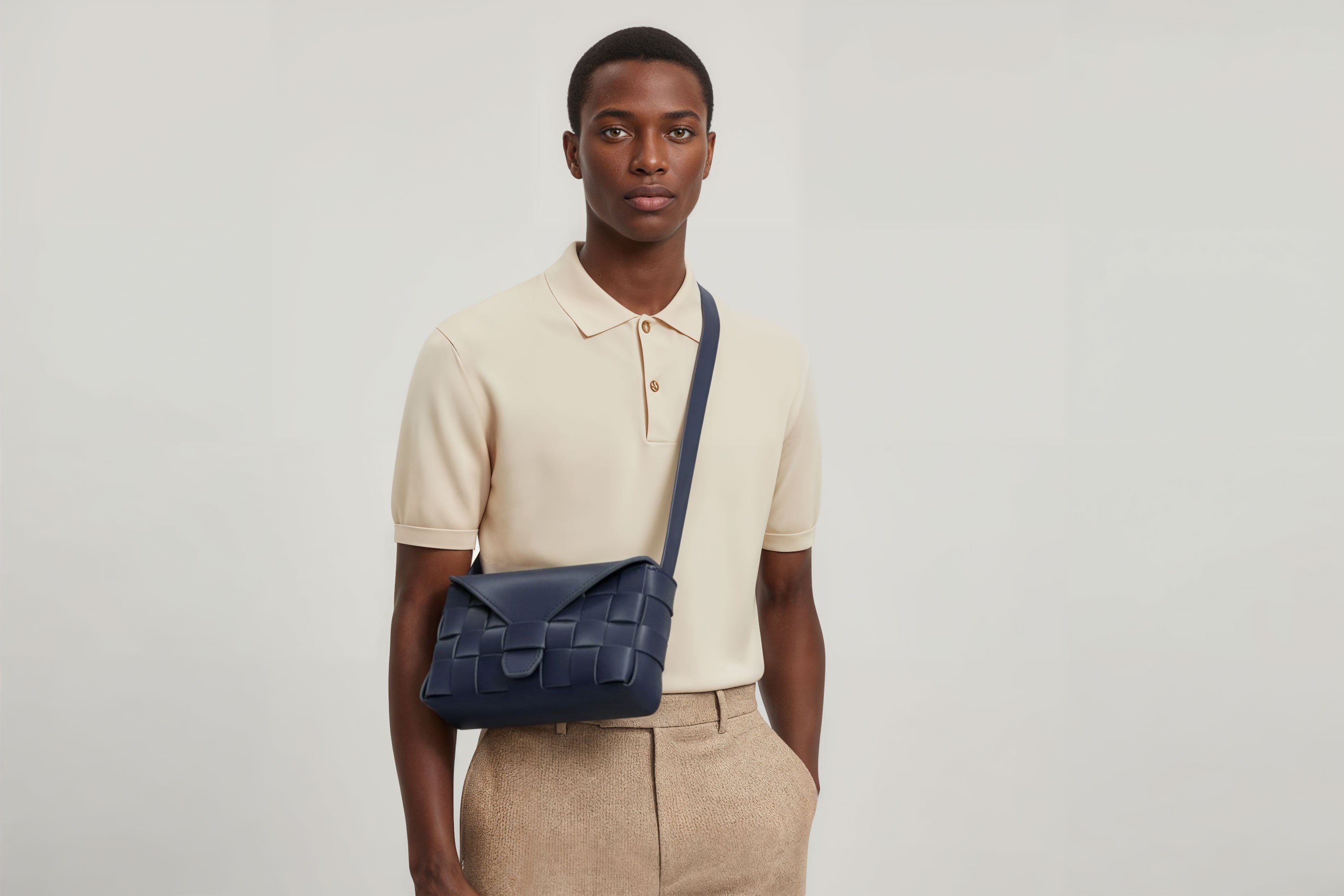 Leather Bag Marine Blue Color Big Saka On A Man Model Braided  Vegetable Tanned Leather Modern Minimalist Design Premium Quality Atelier Madre Manuel Dreesmann Barcelona Spain