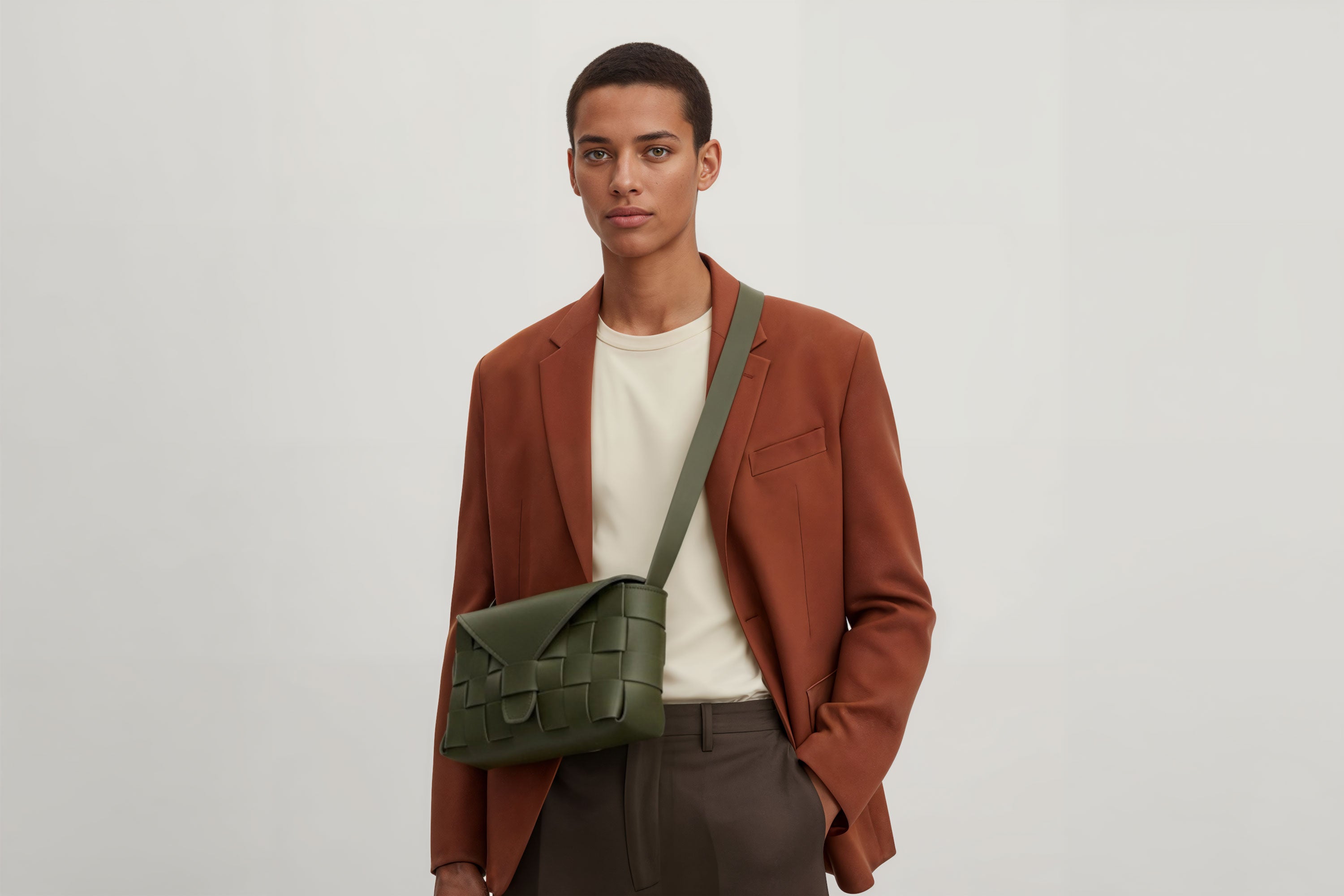 Leather Bag Olive Green Color Big Saka On A Man Model Braided  Vegetable Tanned Leather Modern Minimalist Design Premium Quality Atelier Madre Manuel Dreesmann Barcelona Spain