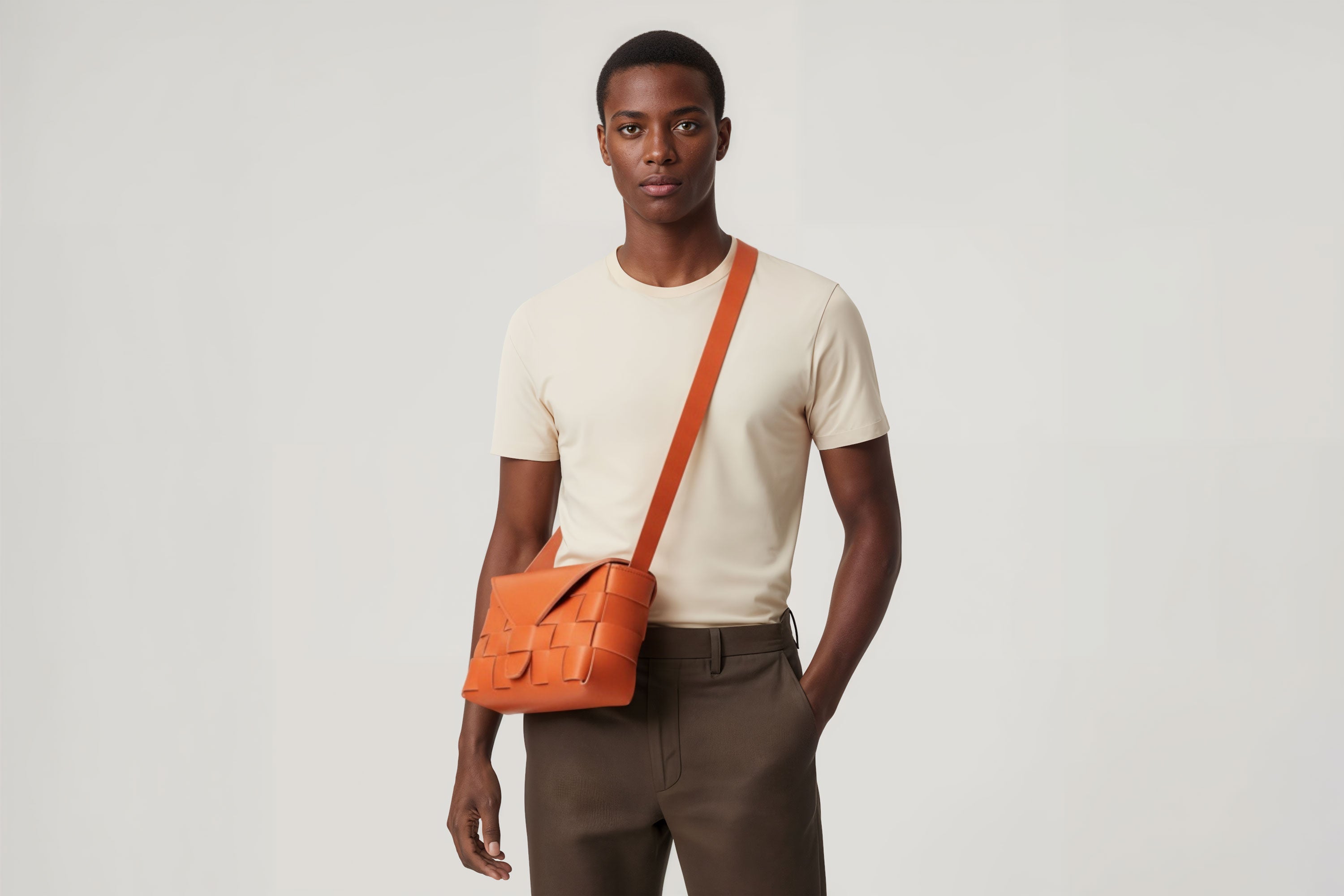Leather Bag Orange Color Big Saka On A Man Model Braided  Vegetable Tanned Leather Modern Minimalist Design Premium Quality Atelier Madre Manuel Dreesmann Barcelona Spain