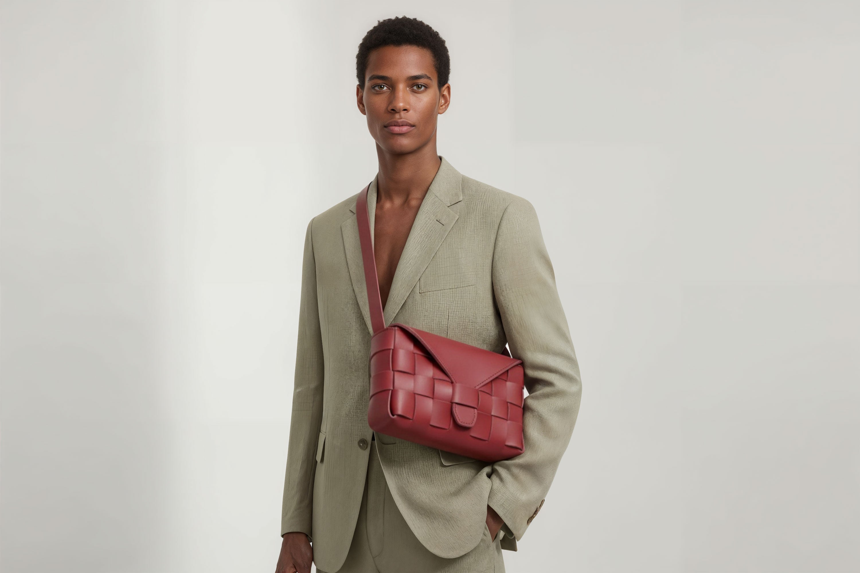 Leather Bag Red Color Big Saka On A Man Model Braided  Vegetable Tanned Leather Modern Minimalist Design Premium Quality Atelier Madre Manuel Dreesmann Barcelona Spain