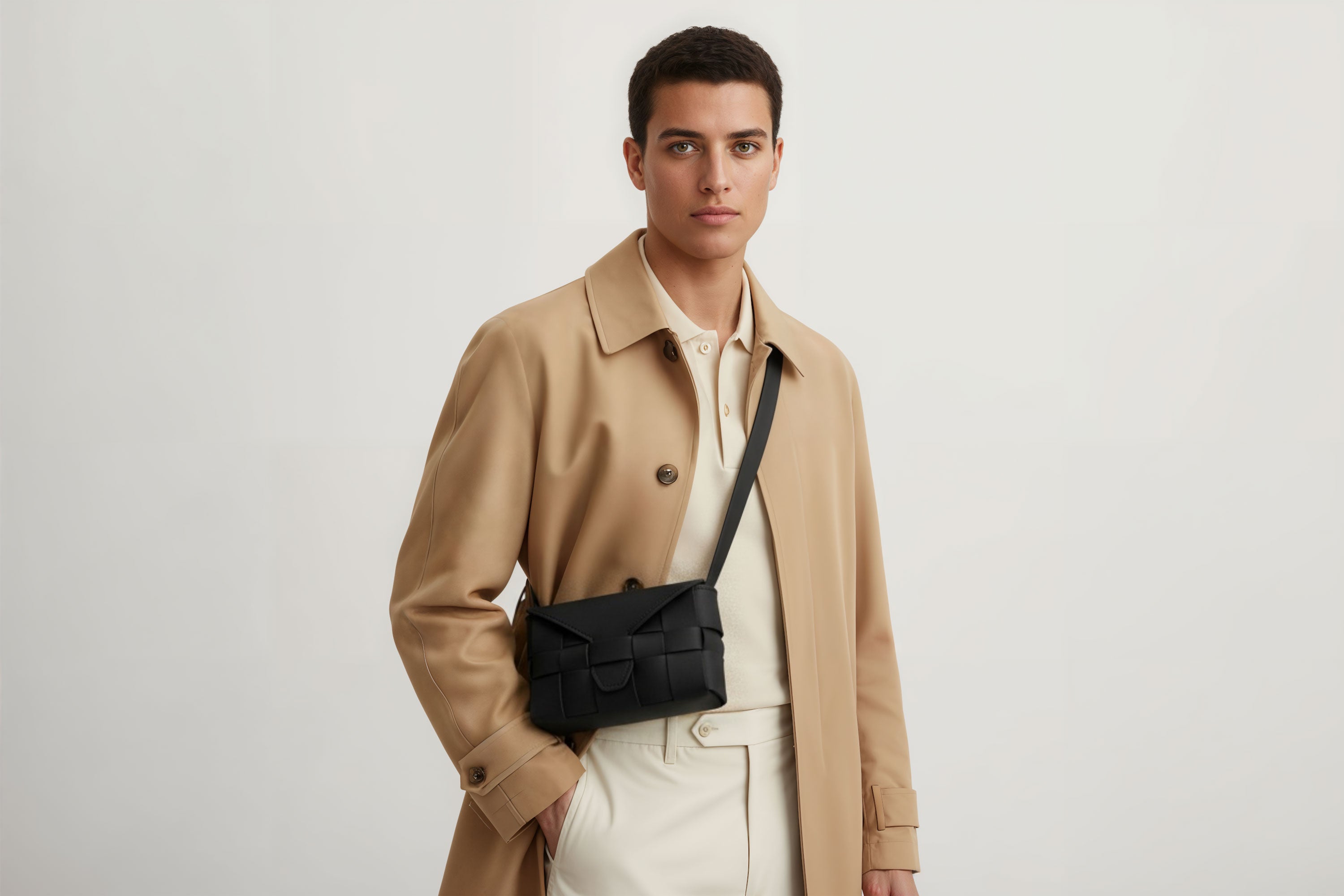 Woven Leather Bag Saka Bag Black Color Leather On Man Model Bright Background Vegetable Tanned Leather Modern Minimalist Design Premium Quality Atelier Madre Manuel Dreesmann Barcelona Spain