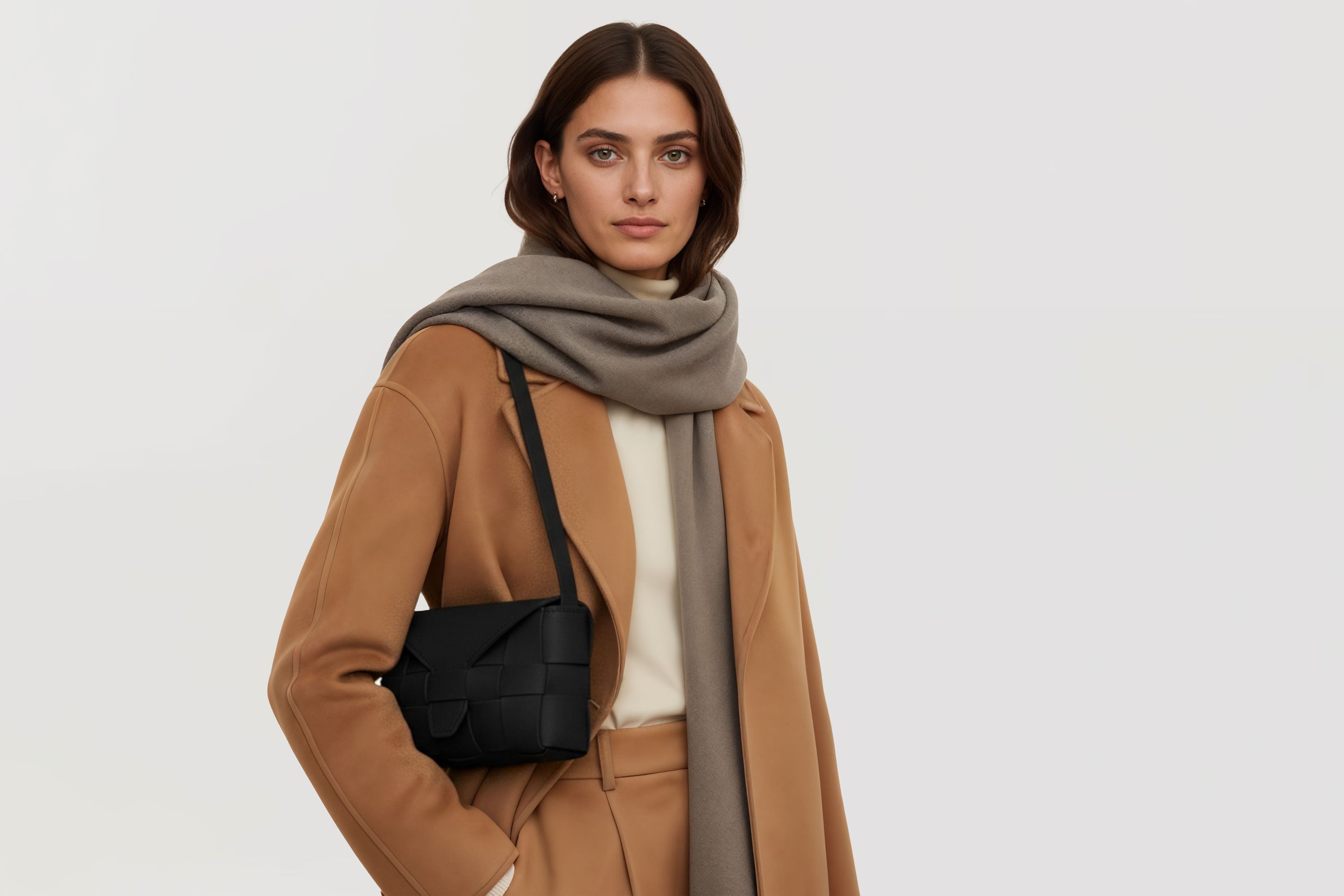 Woven Leather Bag Saka Bag Black Color Leather On Woman Model Bright Background Vegetable Tanned Leather Modern Minimalist Design Premium Quality Atelier Madre Manuel Dreesmann Barcelona Spain