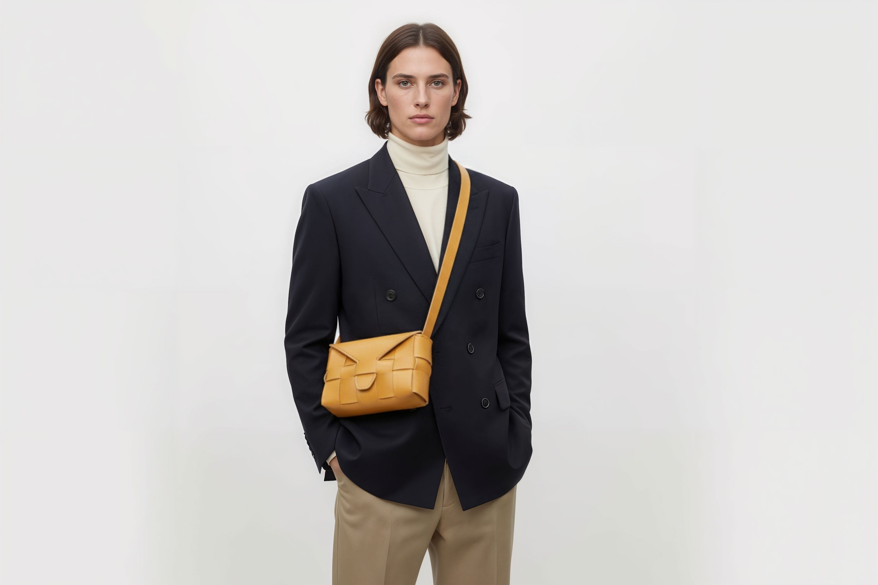 Woven Leather Bag Saka Bag Brown Color Leather On Man Model Bright Background Vegetable Tanned Leather Modern Minimalist Design Premium Quality Atelier Madre Manuel Dreesmann Barcelona Spain