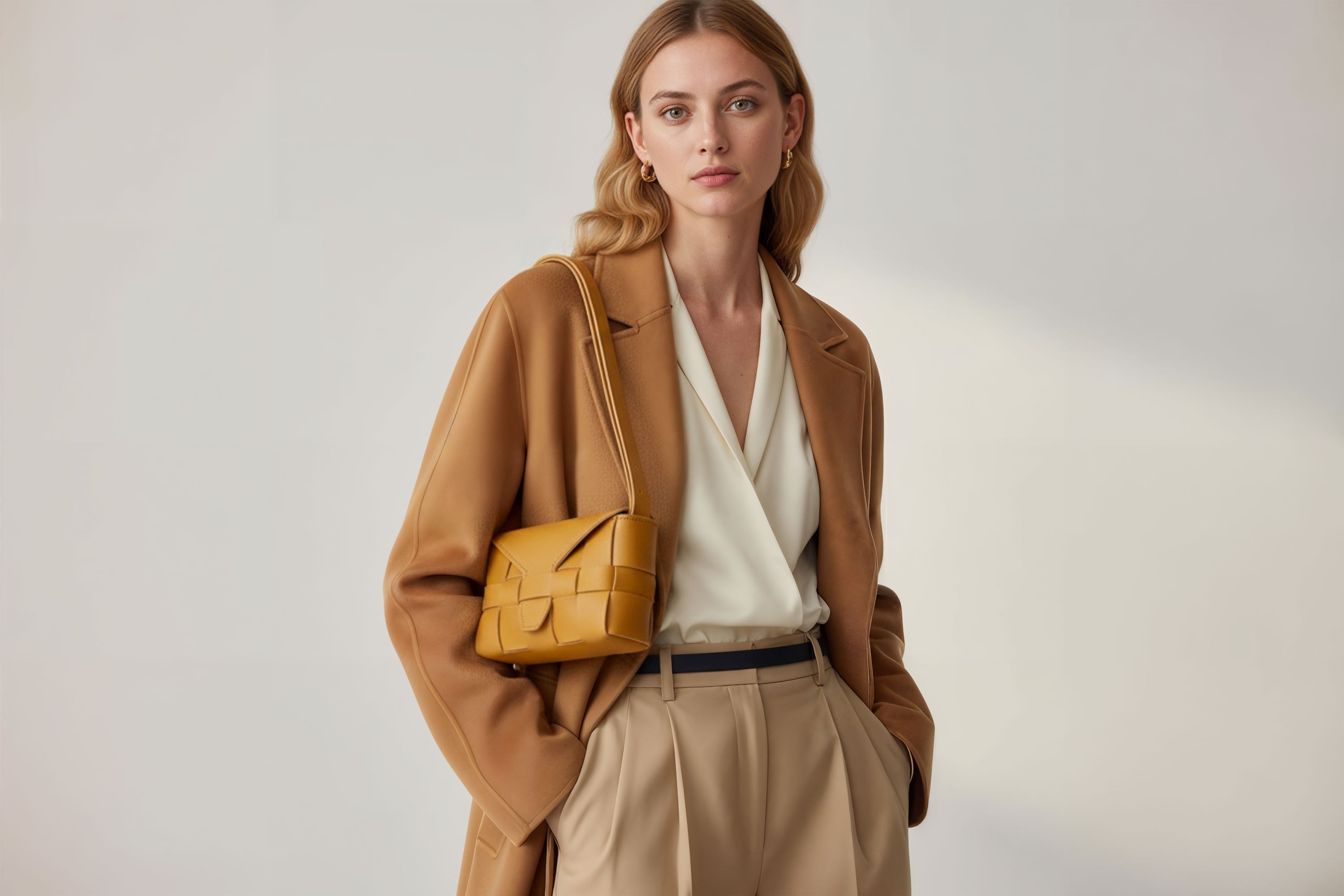 Woven Leather Bag Saka Bag Brown Color Leather On Woman Model Bright Background Vegetable Tanned Leather Modern Minimalist Design Premium Quality Atelier Madre Manuel Dreesmann Barcelona Spain