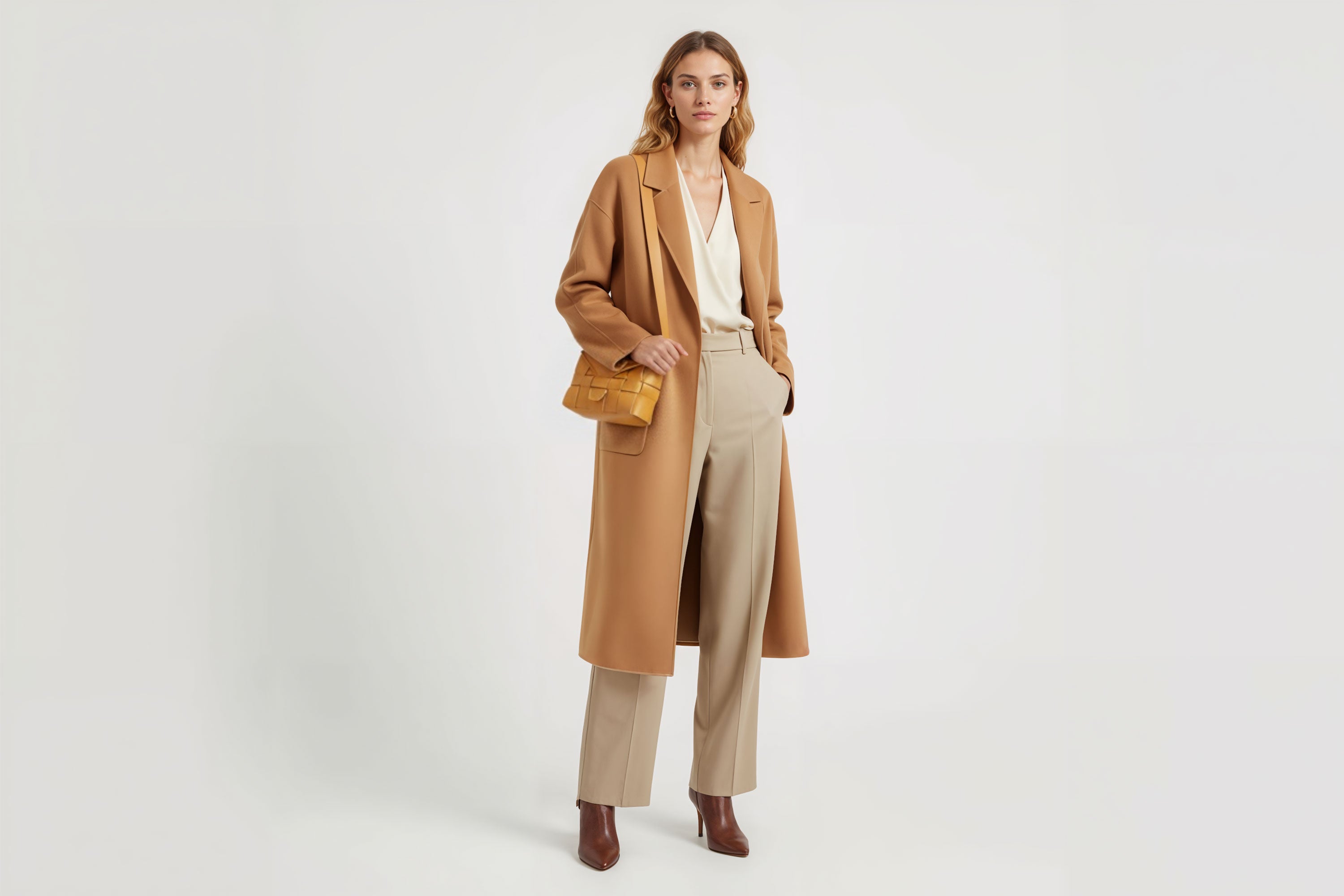 Woven Leather Bag Saka Bag Brown Color Leather On Woman Model Bright Background Vegetable Tanned Leather Modern Minimalist Design Premium Quality Atelier Madre Manuel Dreesmann Barcelona Spain