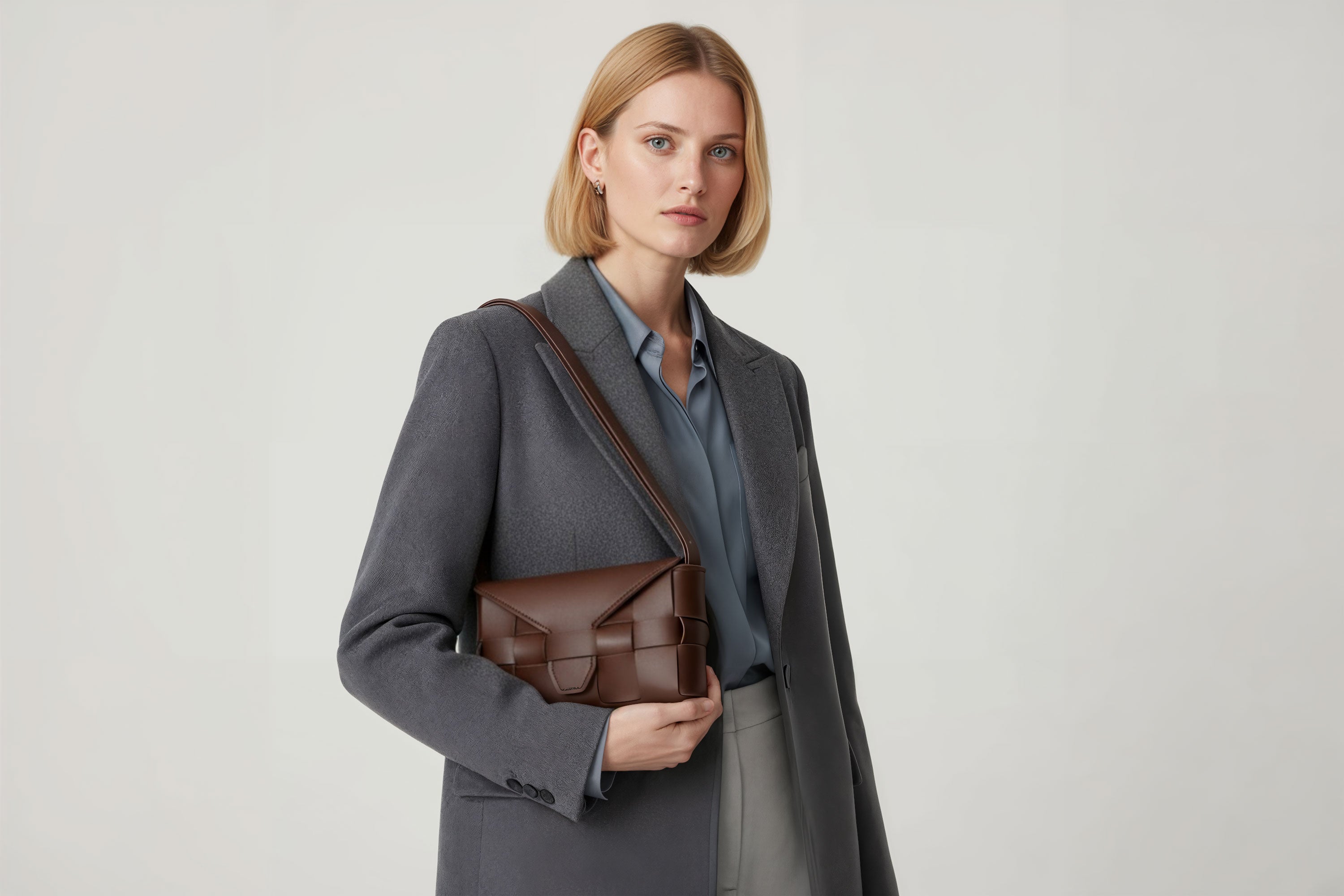 Woven Leather Bag Saka Bag Dark Brown Color Leather On Woman Model Bright Background Vegetable Tanned Leather Modern Minimalist Design Premium Quality Atelier Madre Manuel Dreesmann Barcelona Spain