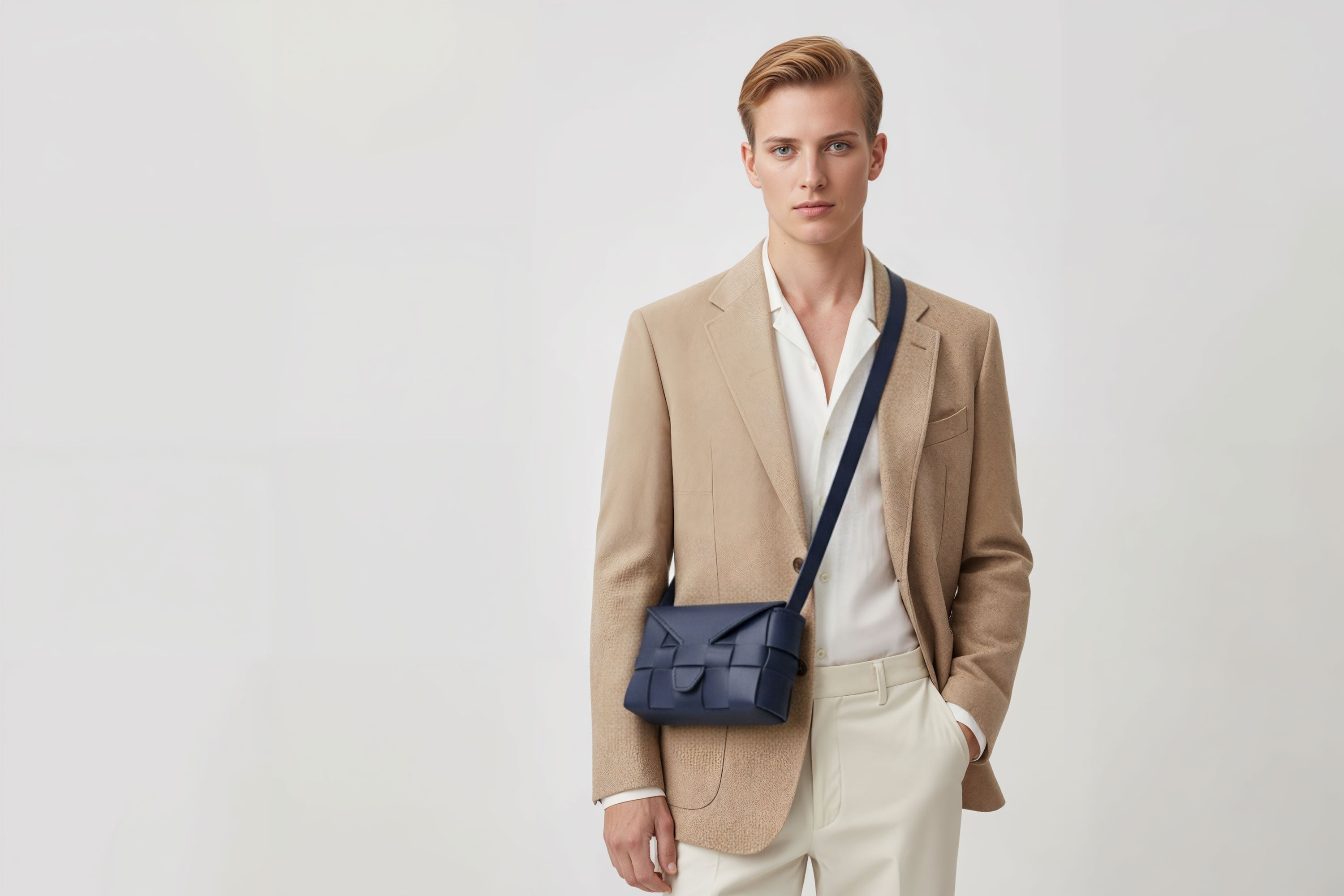 Woven Leather Bag Saka Bag Marine Blue Color Leather On Man Model Bright Background Vegetable Tanned Leather Modern Minimalist Design Premium Quality Atelier Madre Manuel Dreesmann Barcelona Spain