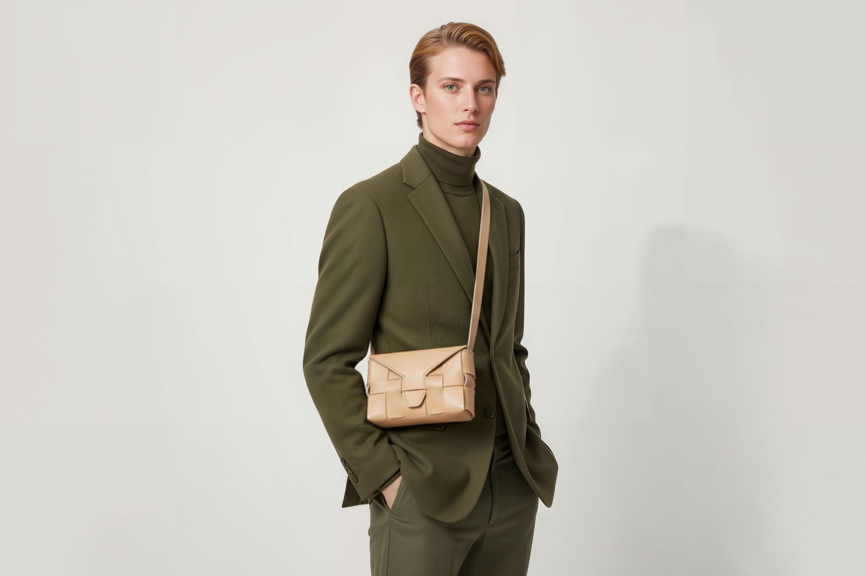 Woven Leather Bag Saka Bag Natural Color Leather On Man Model Bright Background Vegetable Tanned Leather Modern Minimalist Design Premium Quality Atelier Madre Manuel Dreesmann Barcelona Spain
