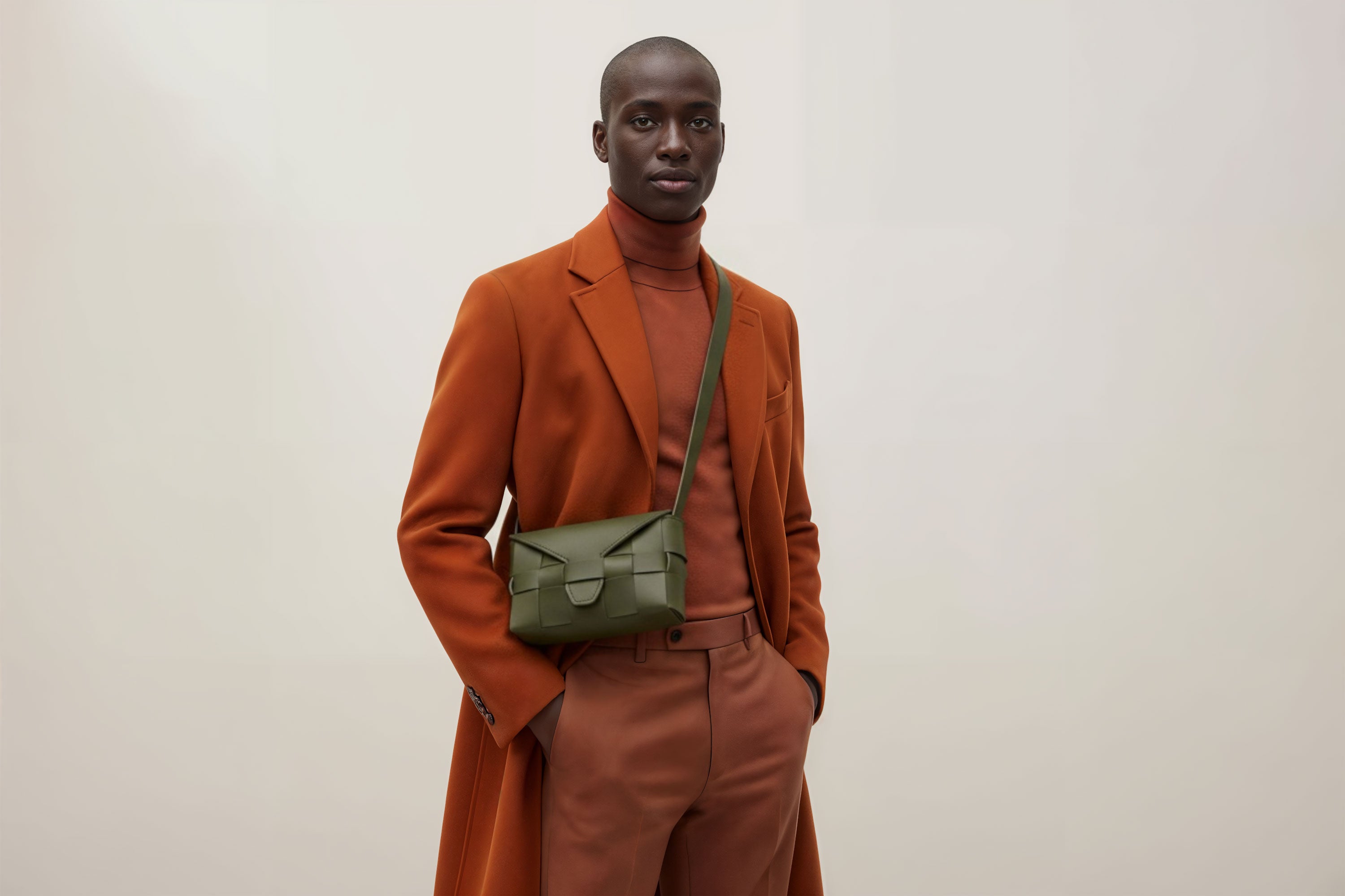 Woven Leather Bag Saka Bag Olive Green Color Leather On Man Model Bright Background Vegetable Tanned Leather Modern Minimalist Design Premium Quality Atelier Madre Manuel Dreesmann Barcelona Spain