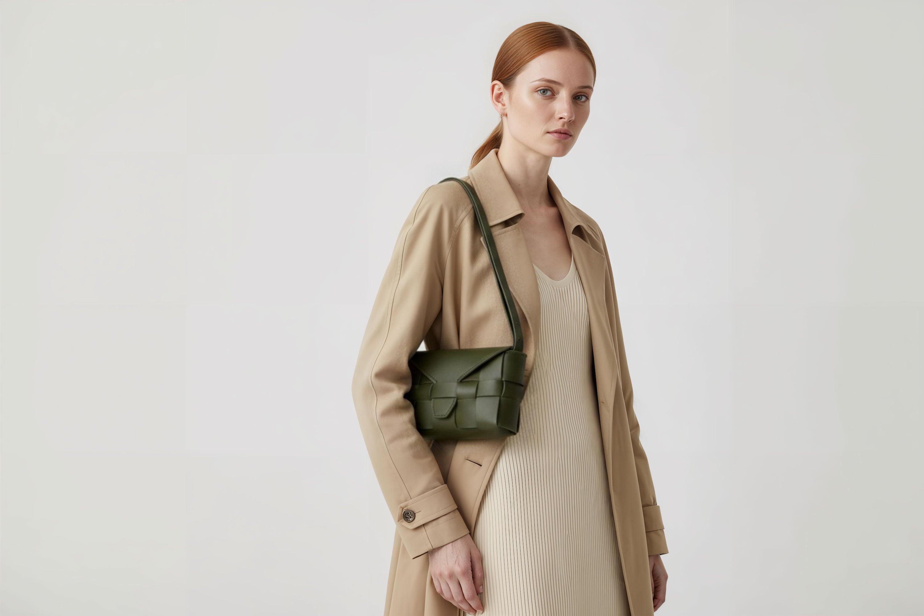 Woven Leather Bag Saka Bag Olive Green Color Leather On Woman Model Bright Background Vegetable Tanned Leather Modern Minimalist Design Premium Quality Atelier Madre Manuel Dreesmann Barcelona Spain