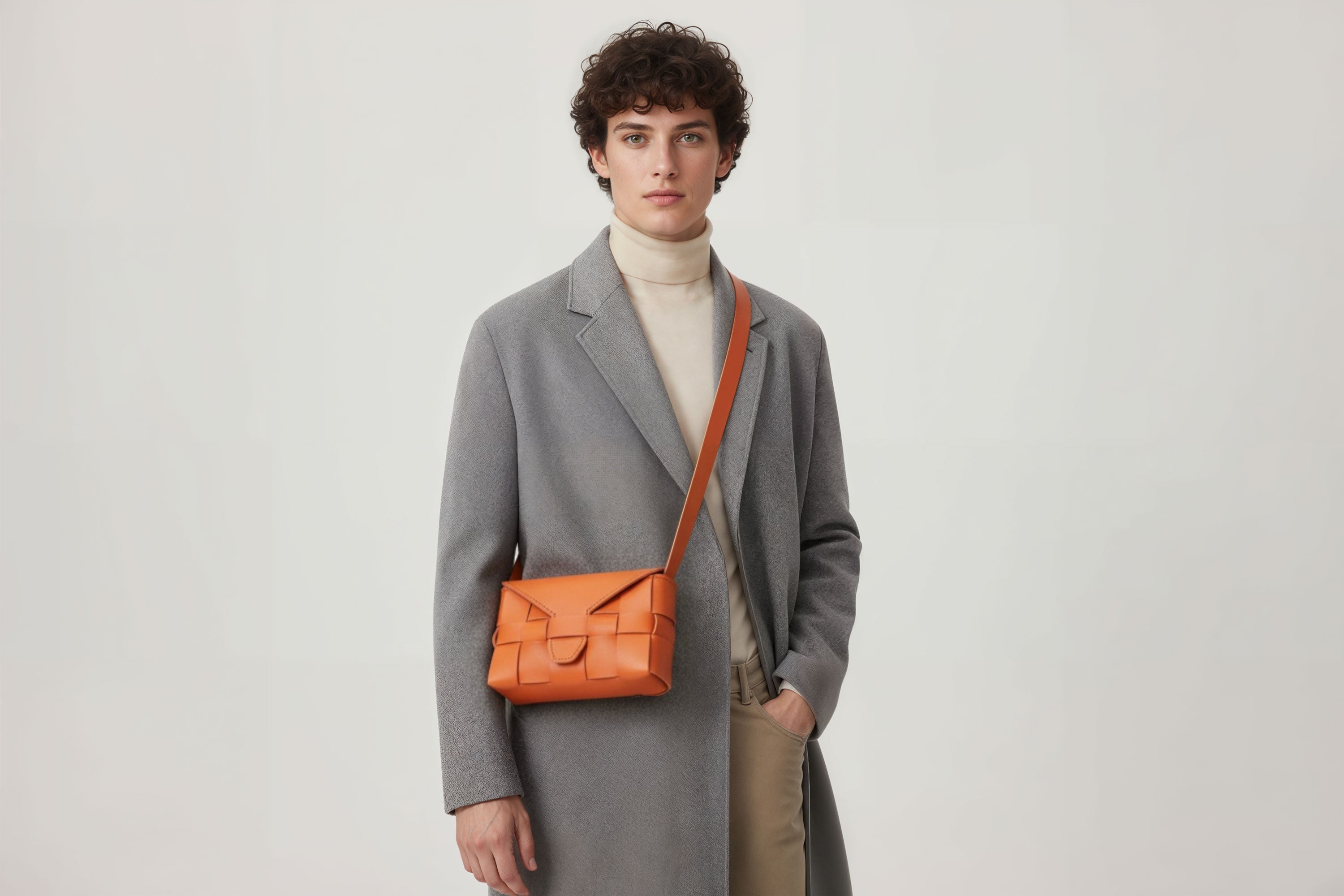 Woven Leather Bag Saka Bag Orange Color Leather On Man Model Bright Background Vegetable Tanned Leather Modern Minimalist Design Premium Quality Atelier Madre Manuel Dreesmann Barcelona Spain
