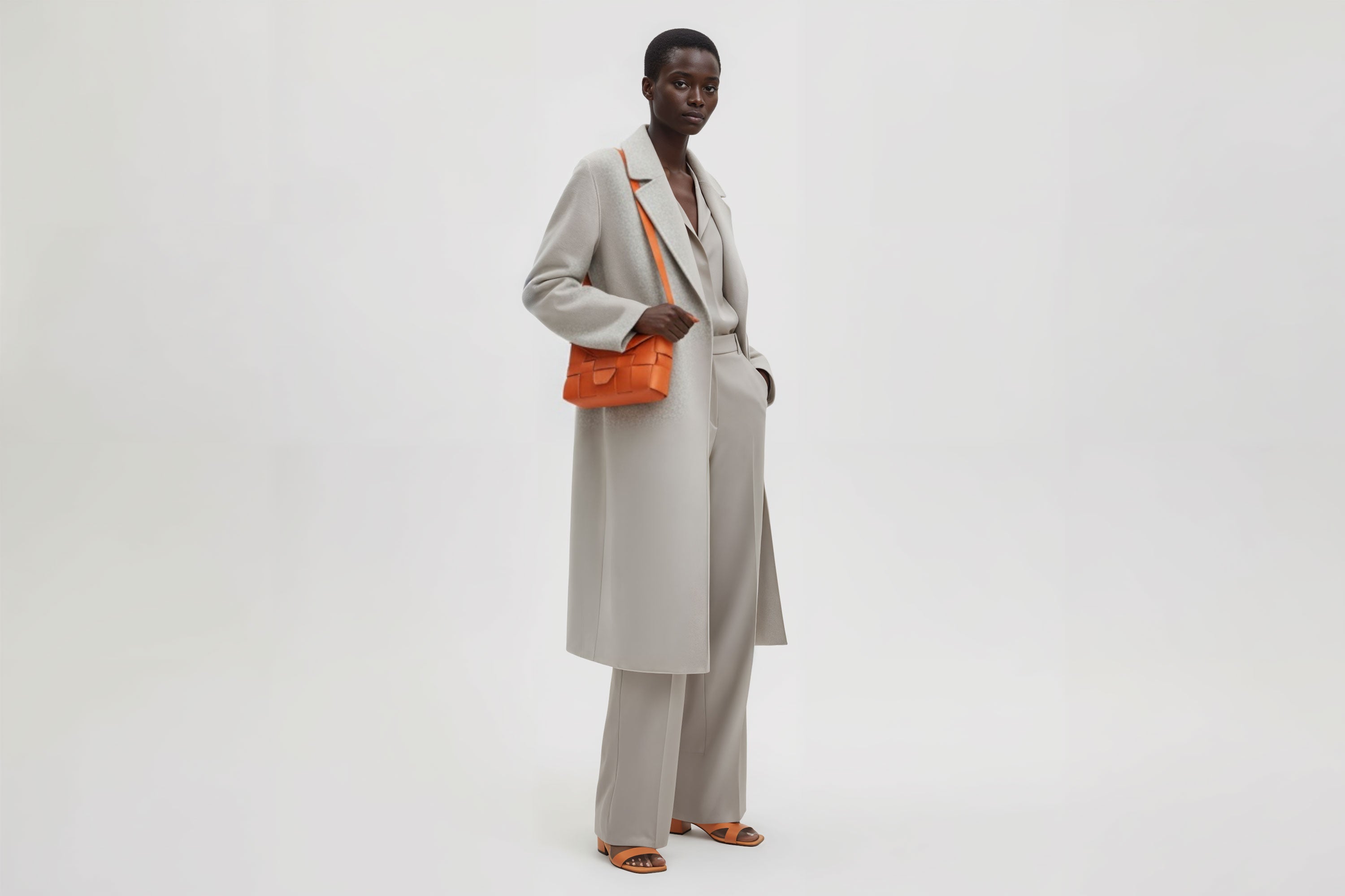 Woven Leather Bag Saka Bag Orange Color Leather On Woman Model Bright Background Vegetable Tanned Leather Modern Minimalist Design Premium Quality Atelier Madre Manuel Dreesmann Barcelona Spain