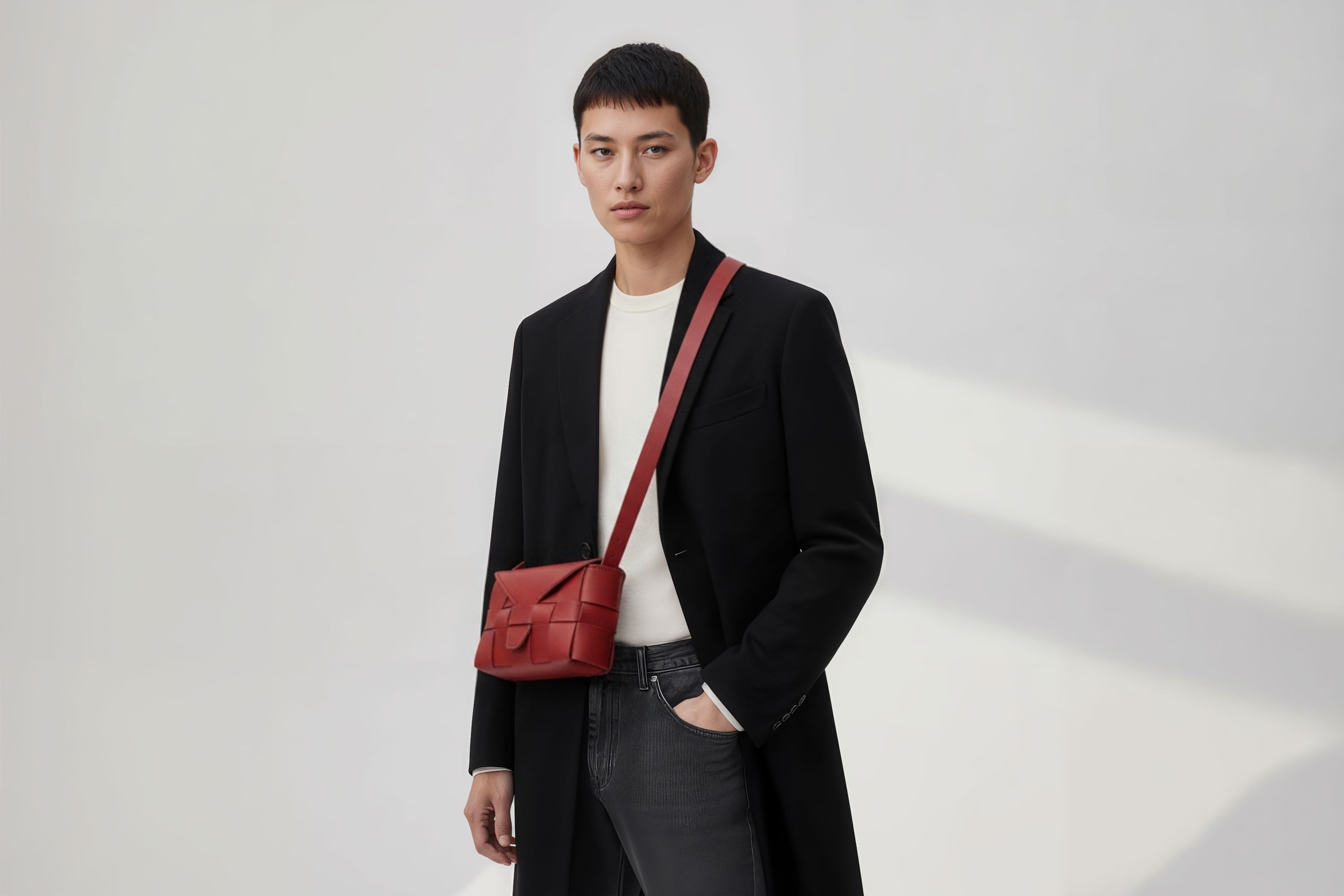 Woven Leather Bag Saka Bag Red Color Leather On Man Model Bright Background Vegetable Tanned Leather Modern Minimalist Design Premium Quality Atelier Madre Manuel Dreesmann Barcelona Spain