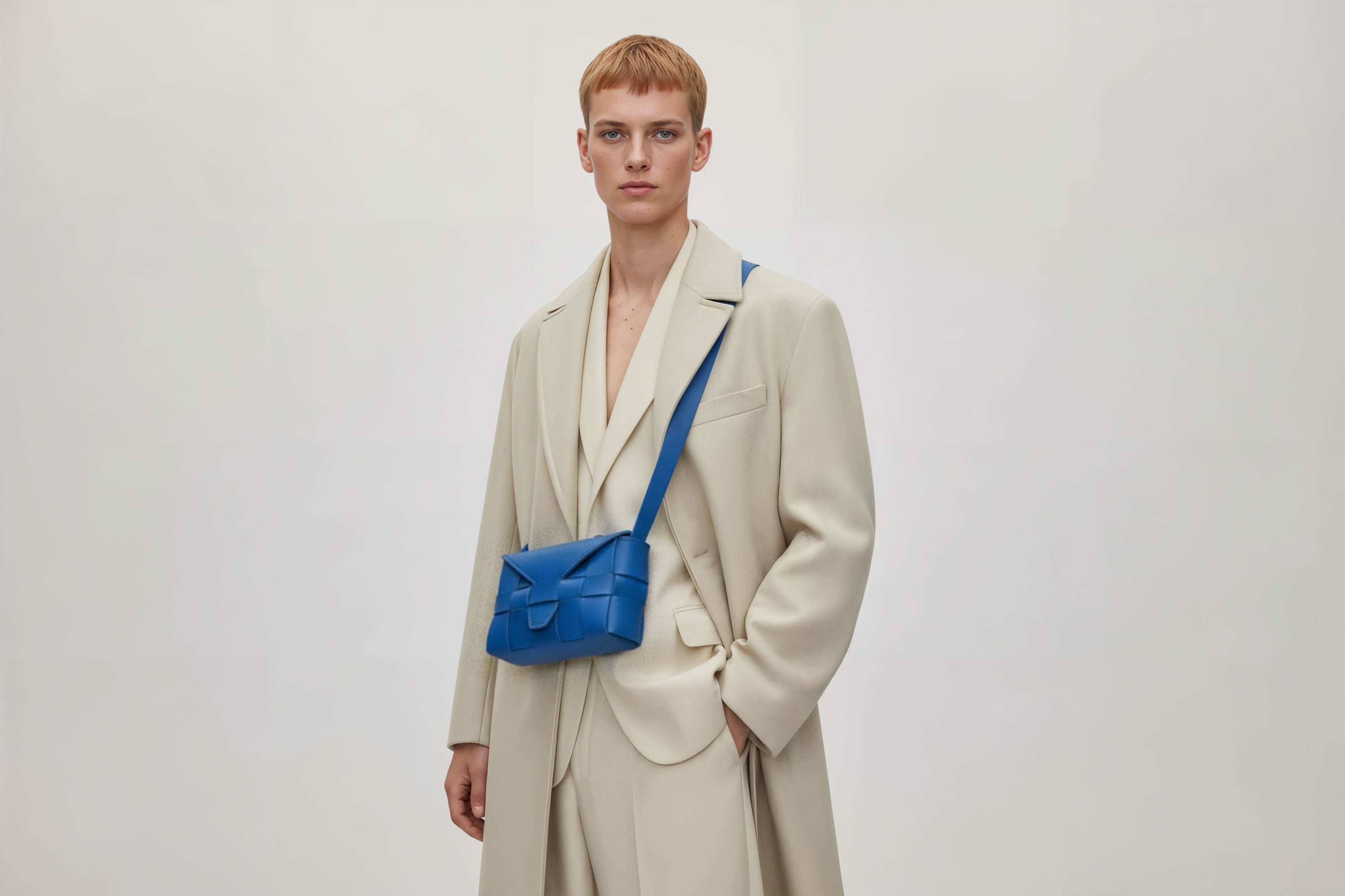 Woven Leather Bag Saka Bag Royal Blue Color Leather On Man Model Bright Background Vegetable Tanned Leather Modern Minimalist Design Premium Quality Atelier Madre Manuel Dreesmann Barcelona Spain