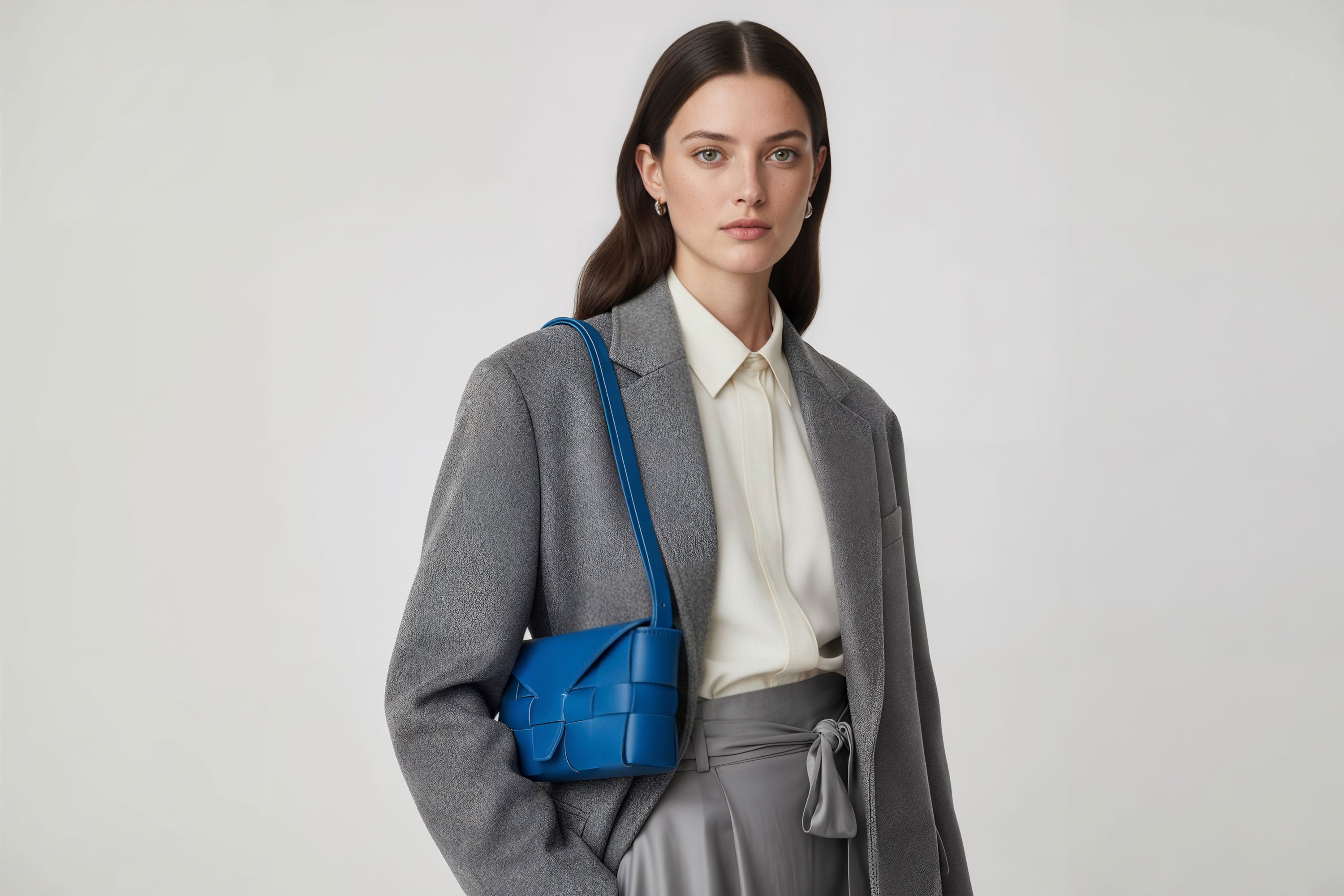 Woven Leather Bag Saka Bag Royal Blue Color Leather On Woman Model Bright Background Vegetable Tanned Leather Modern Minimalist Design Premium Quality Atelier Madre Manuel Dreesmann Barcelona Spain