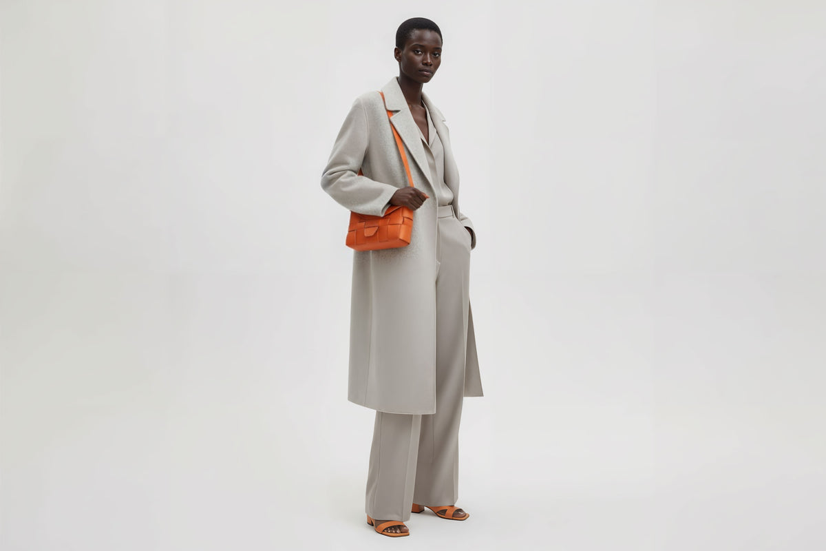 Saka on a model Orange Colour Leather Vegetable Tanned Modern Minimal Design Premium Quality Atelier Madre Manuel Dreesmann Barcelona 2