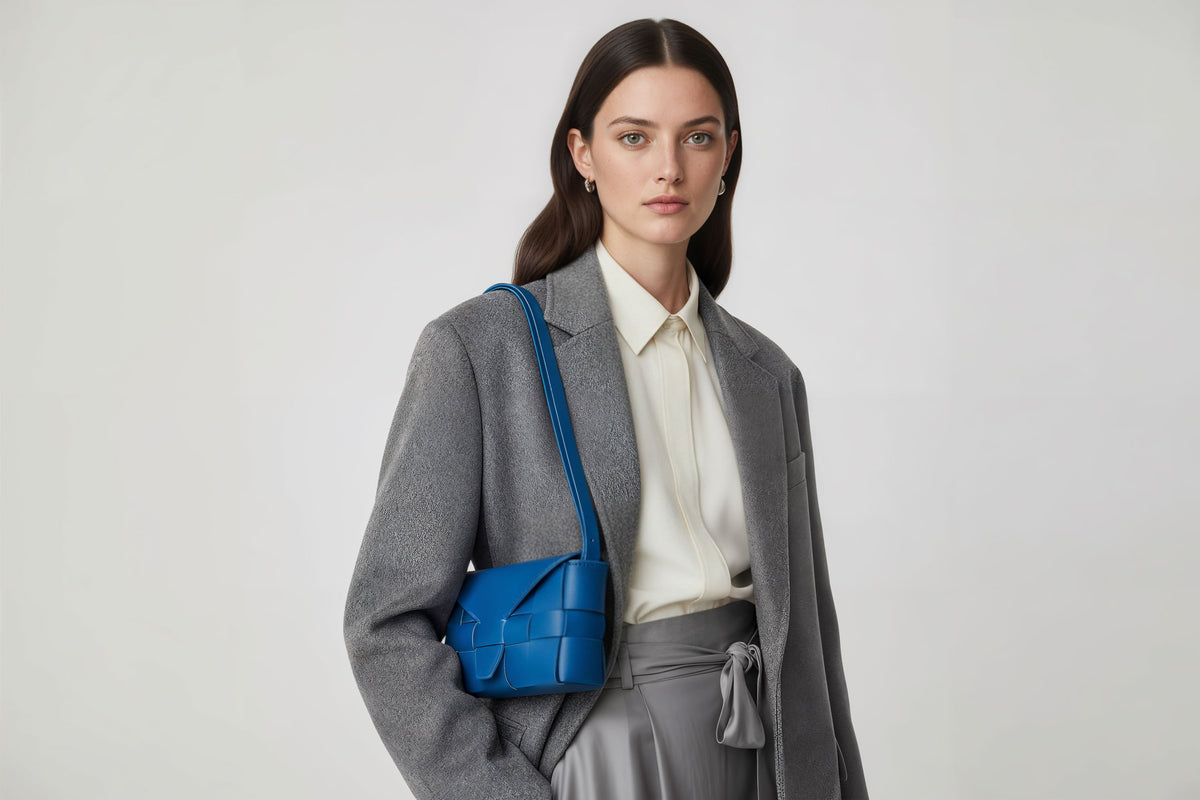 Saka on a model Royal Blue Colour Leather Vegetable Tanned Modern Minimal Design Premium Quality Atelier Madre Manuel Dreesmann Barcelona 3