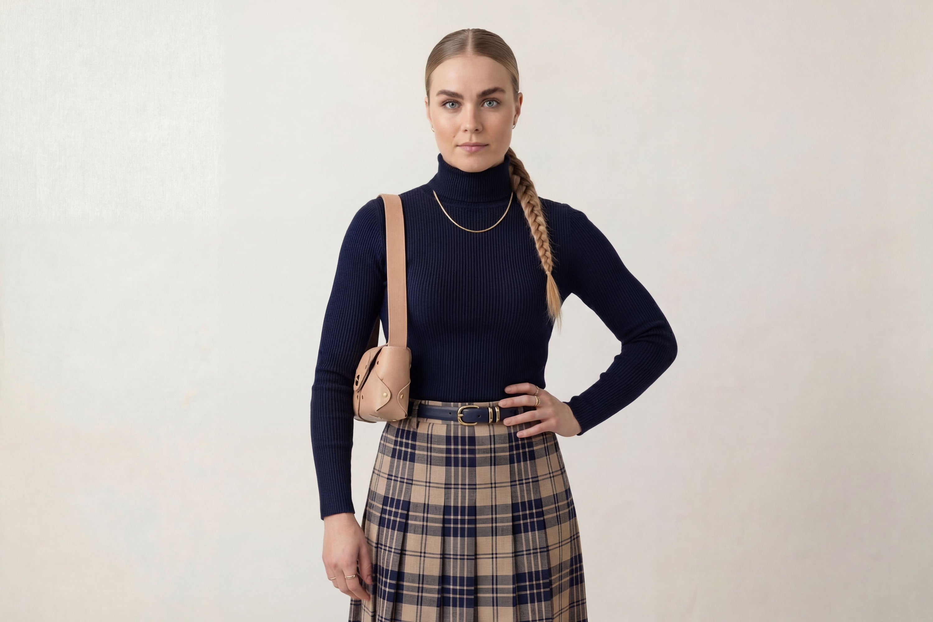 Tamara Bag Natural Color On A Woman Model Leather Vegetable Tanned Leather Minimalist Modern Design Rivets Brass Premium Shoulderbag Atelier Madre Manuel Dreesmann Barcelona Spain